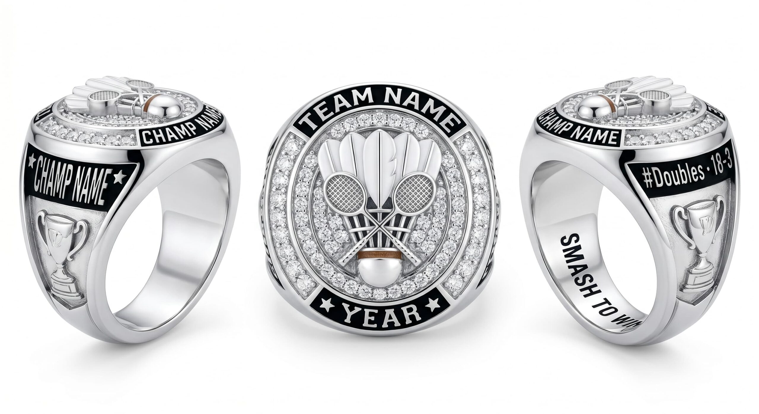 Smash King badminton championship ring 925 silver three-panel view — ClassRingAI