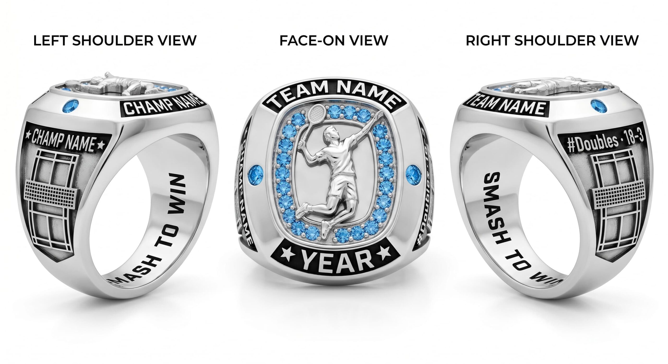 Net Master badminton championship ring shield bezel sapphire blue three-panel view — ClassRingAI
