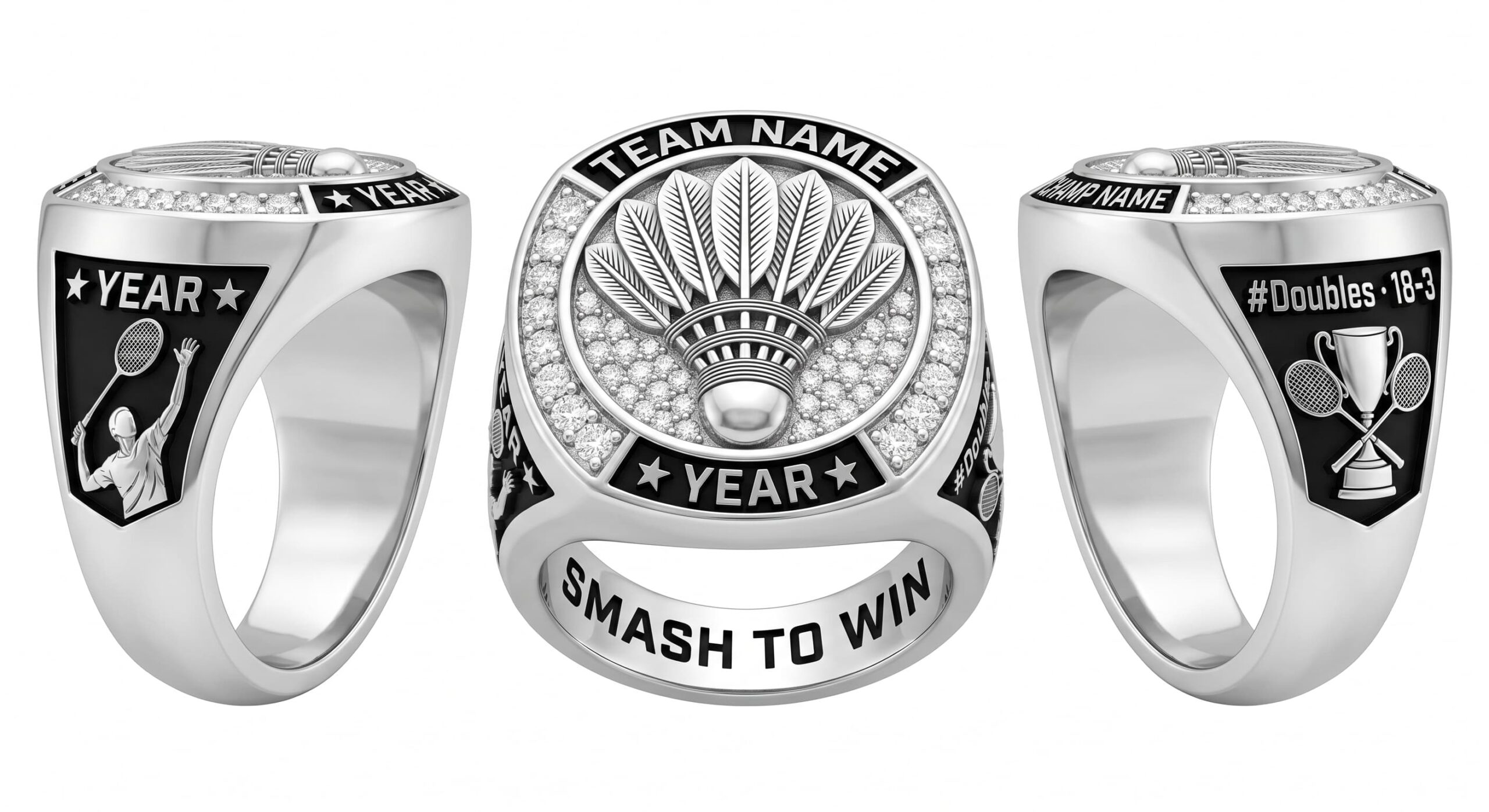 Clear Legend badminton championship ring rink layout crystal pave three-panel view — ClassRingAI