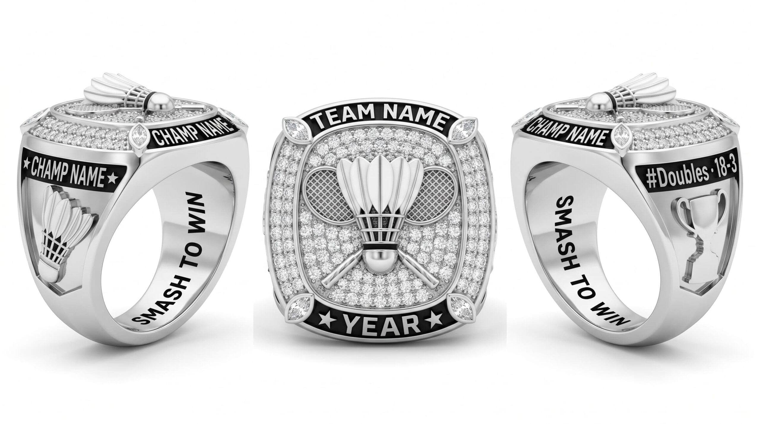 Drop Shot Elite badminton championship ring full pave white crystal three-panel view — ClassRingAI