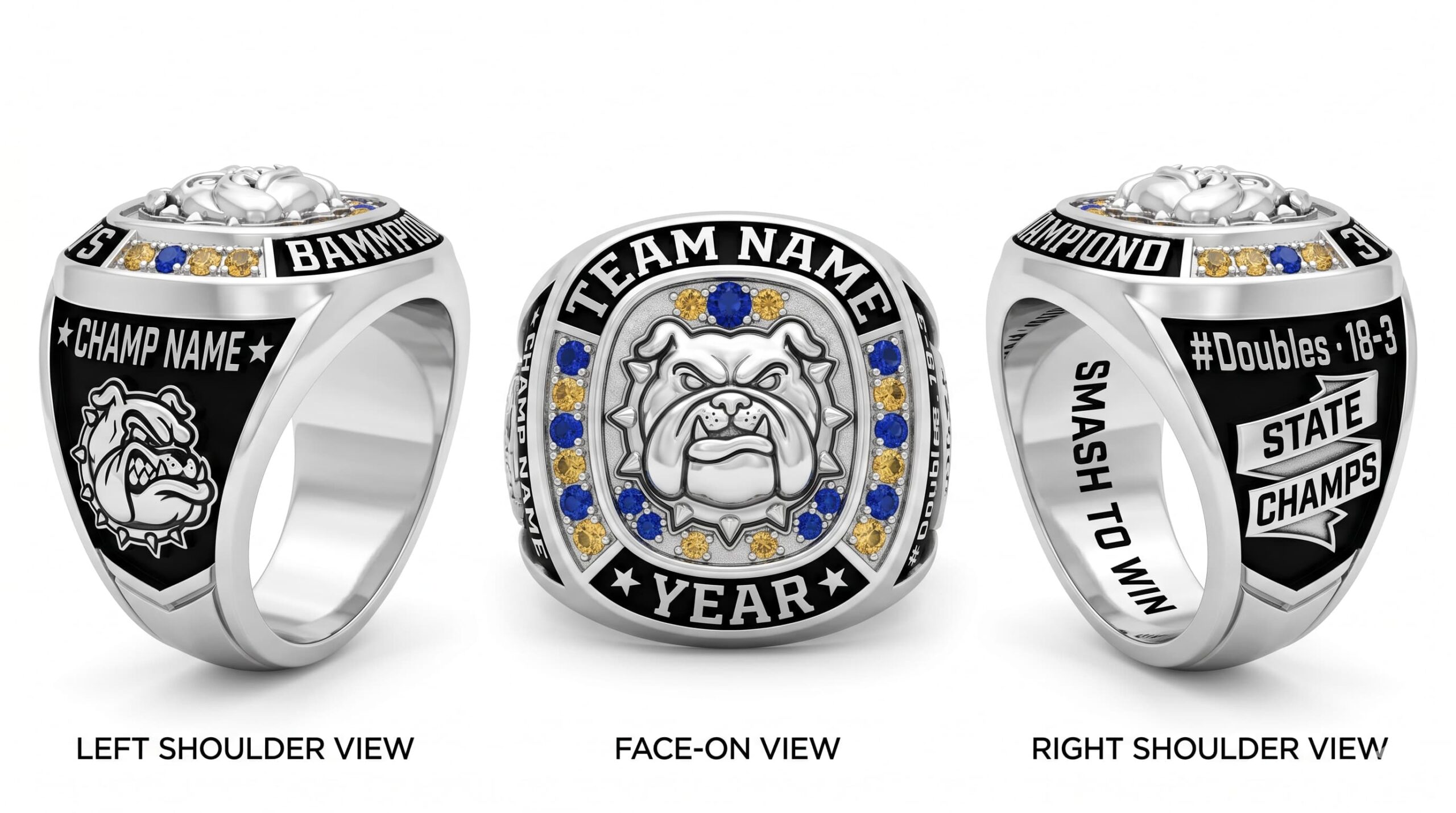 Court Champion badminton championship ring mascot crest team colors three-panel view — ClassRingAI