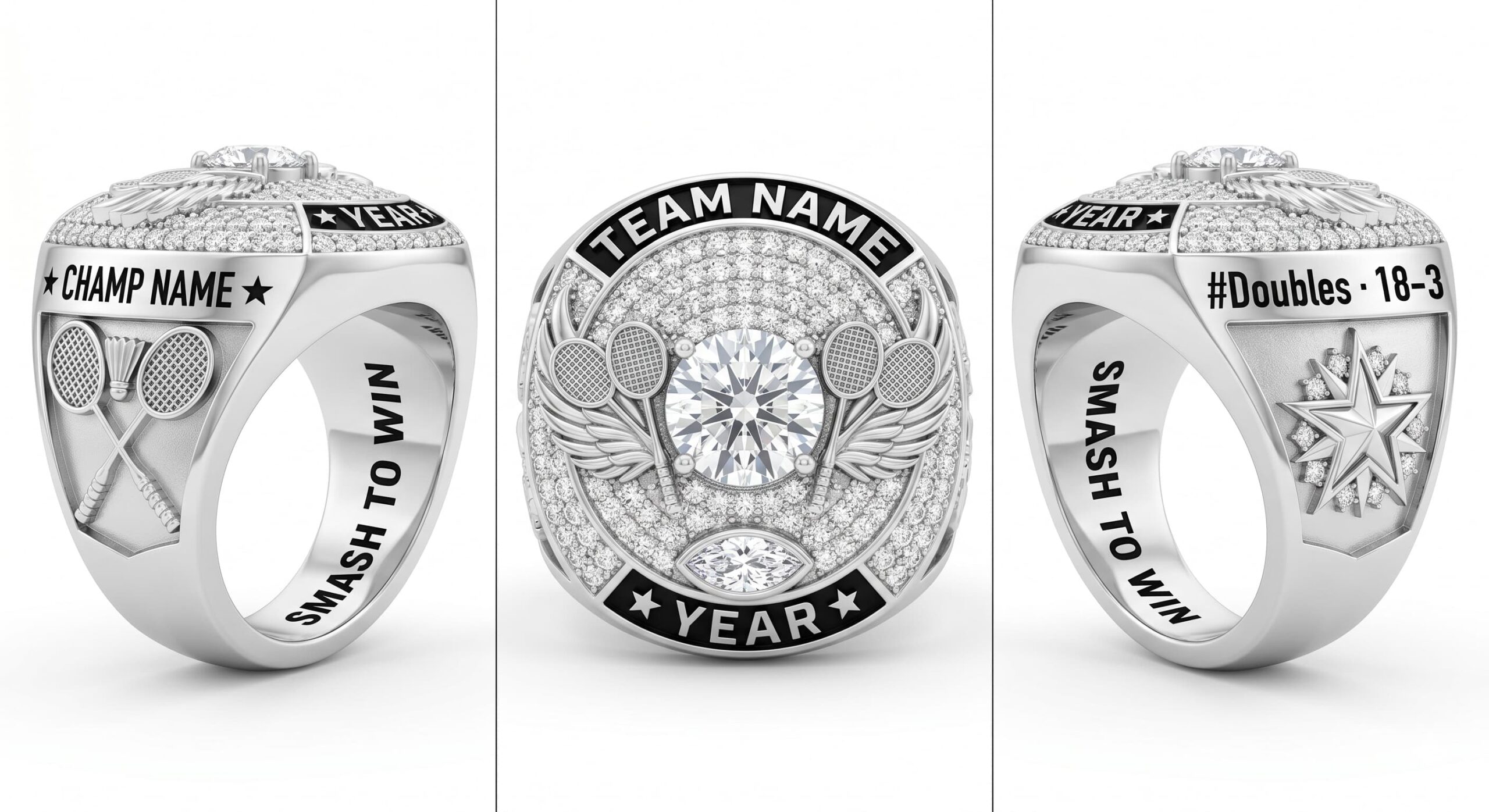 National Crown luxury badminton championship ring moissanite ice blue 150 pave crystals three-panel view — ClassRingAI