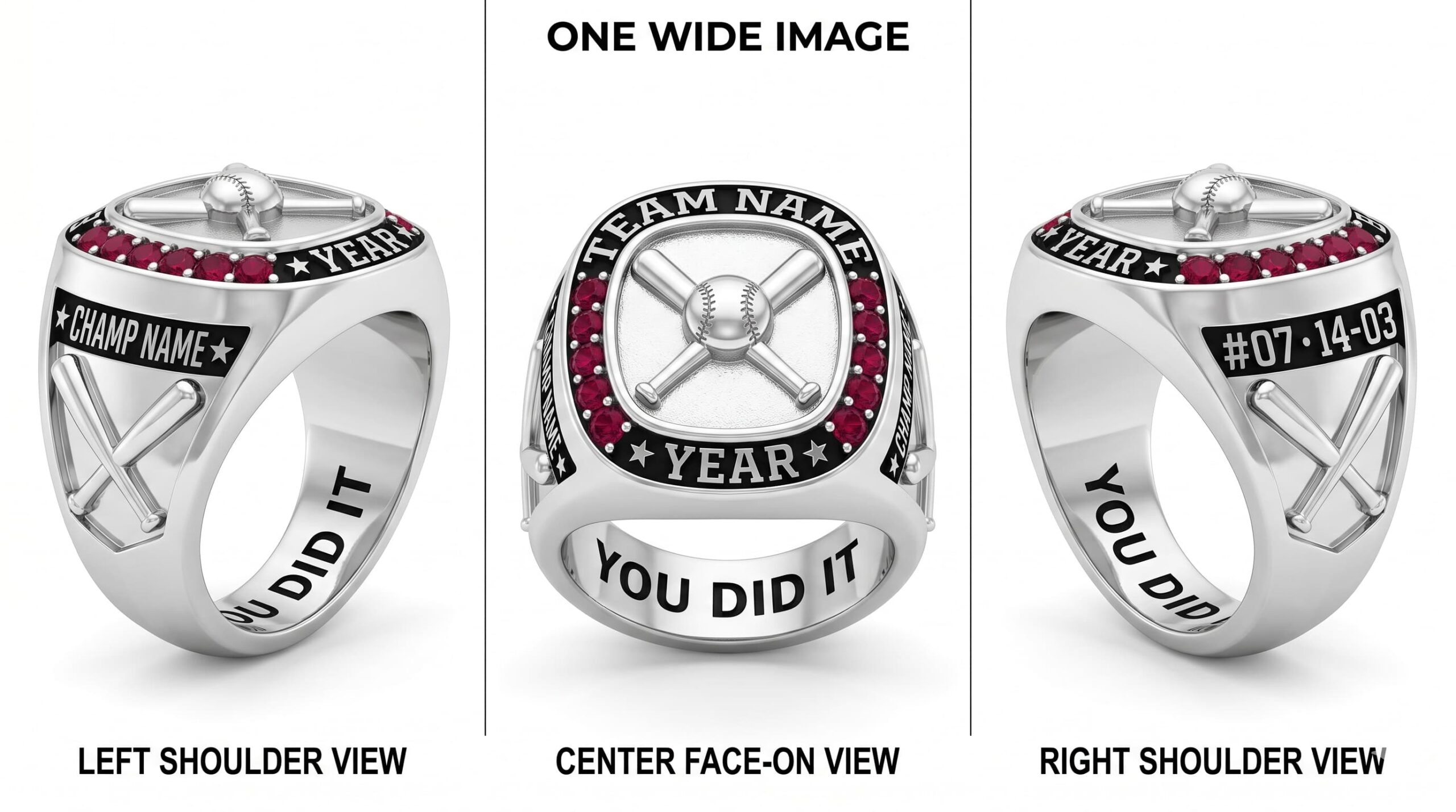 Iron Glove baseball championship ring shield bezel sapphire blue three-panel view — ClassRingAI
