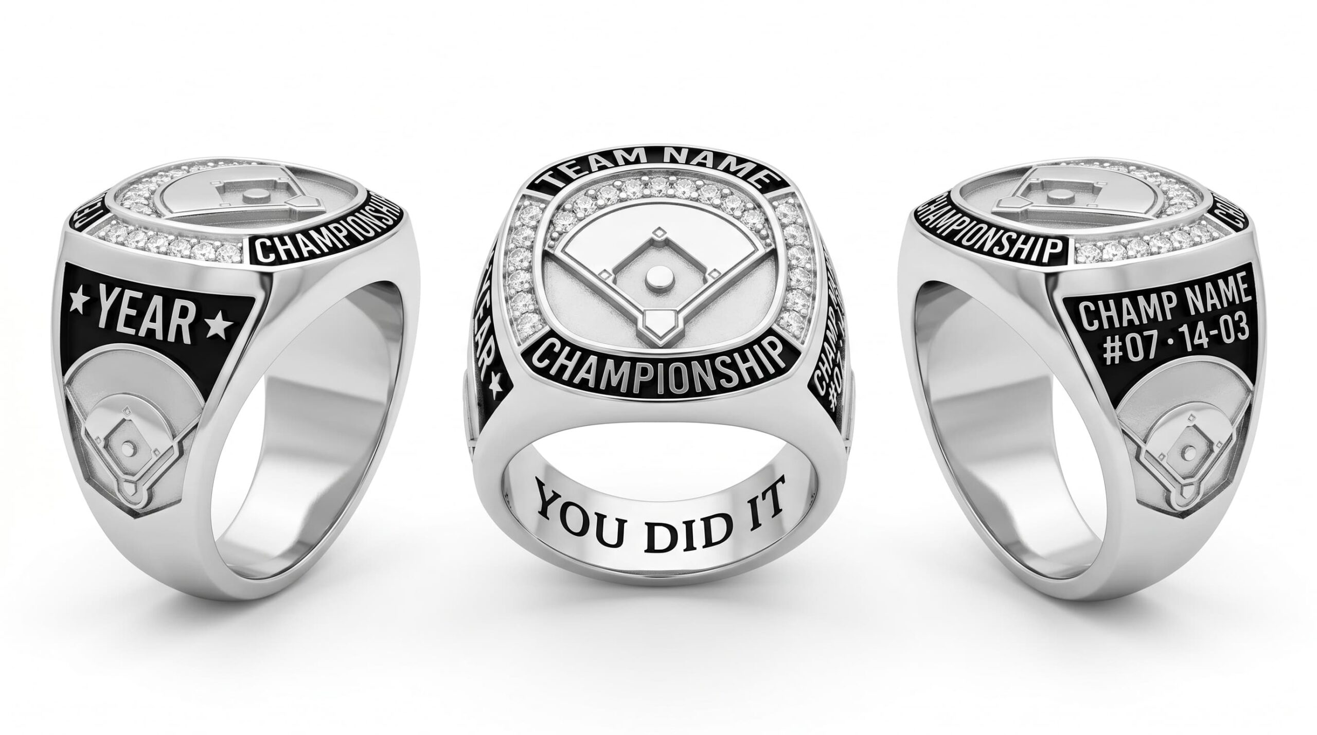 Diamond Pennant baseball championship ring rink layout crystal pave three-panel view — ClassRingAI