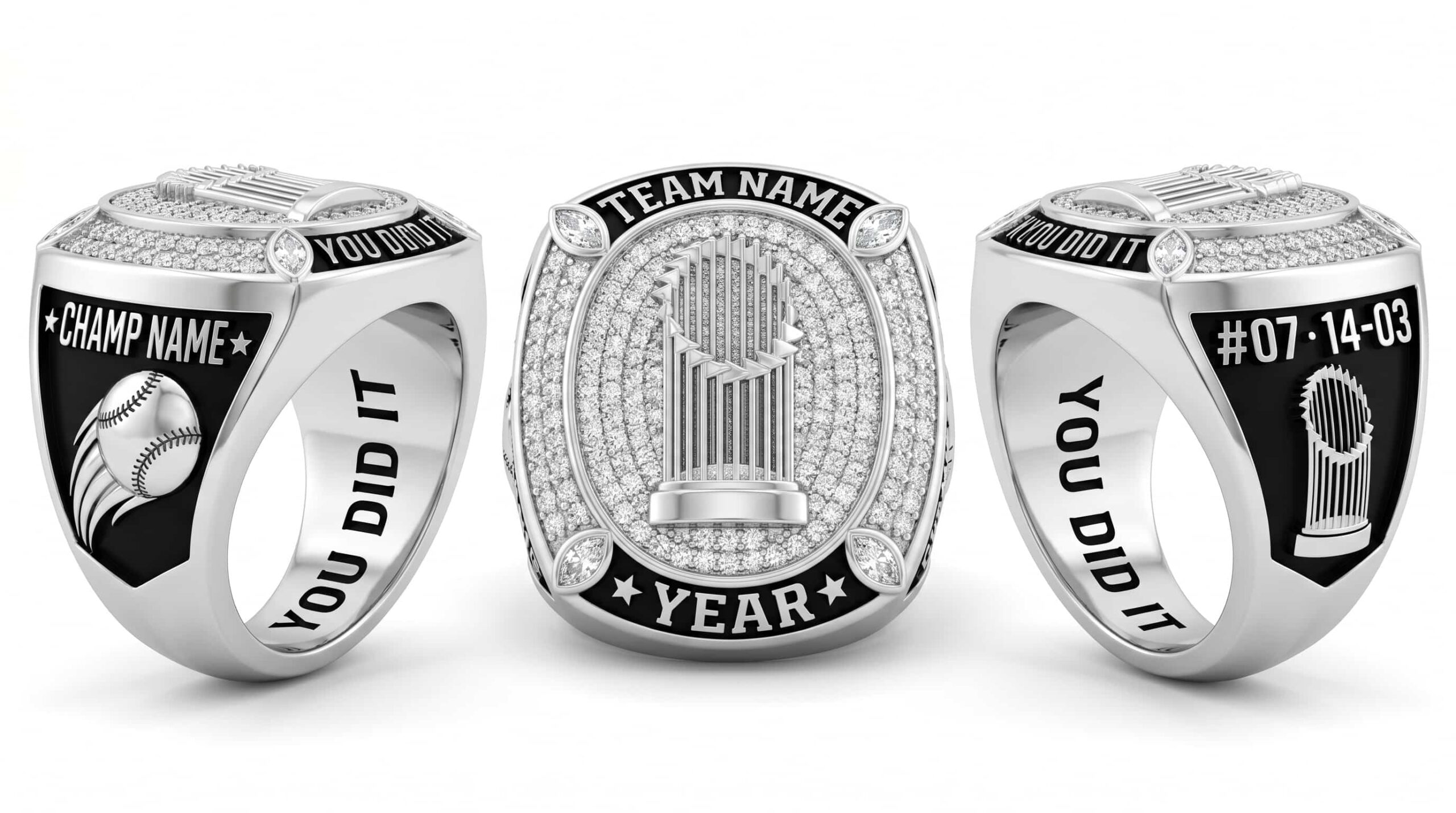 Grand Slam baseball championship ring full pave white crystal three-panel view — ClassRingAI