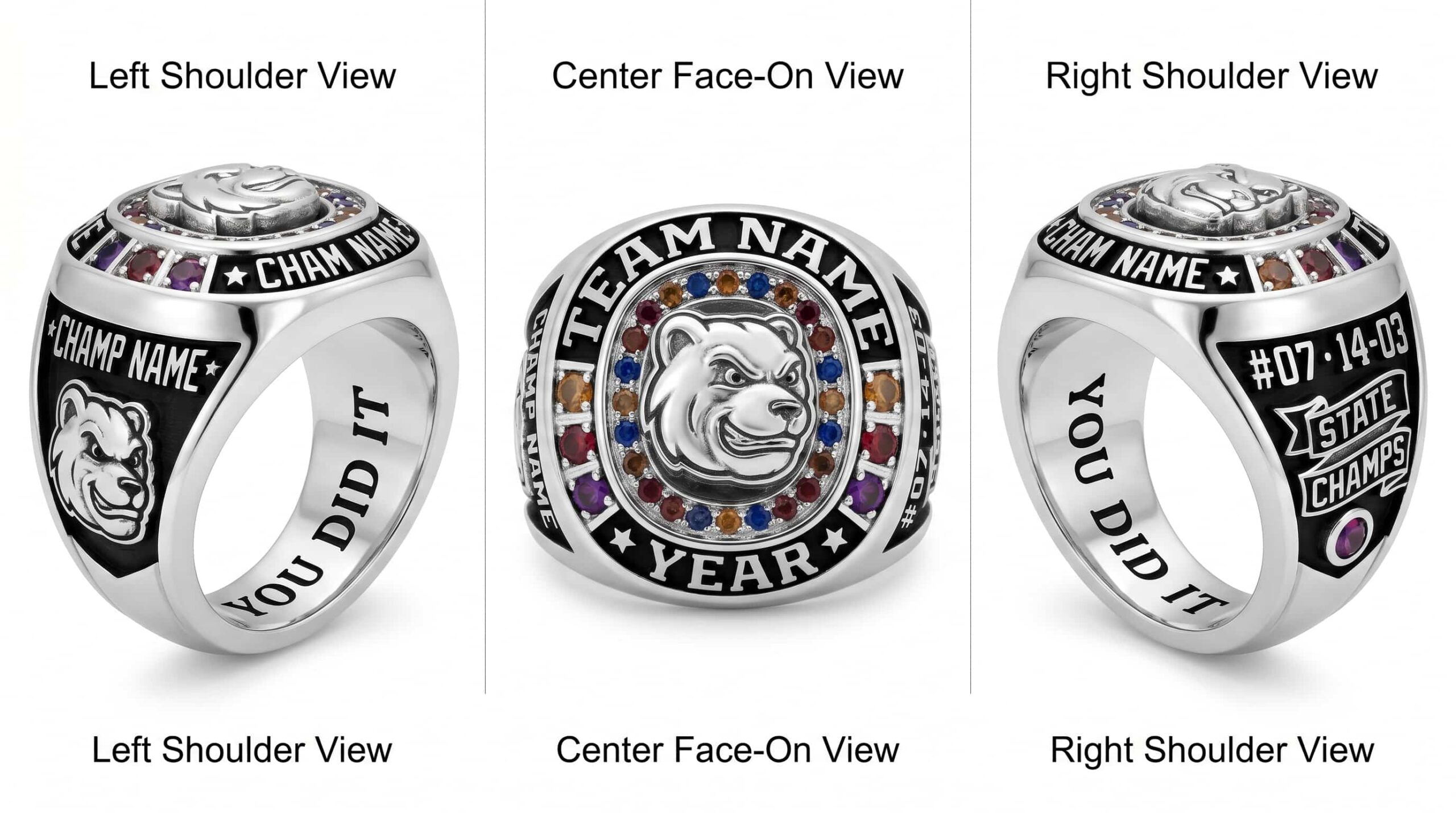 Home Run Legacy baseball championship ring mascot crest team colors three-panel view — ClassRingAI