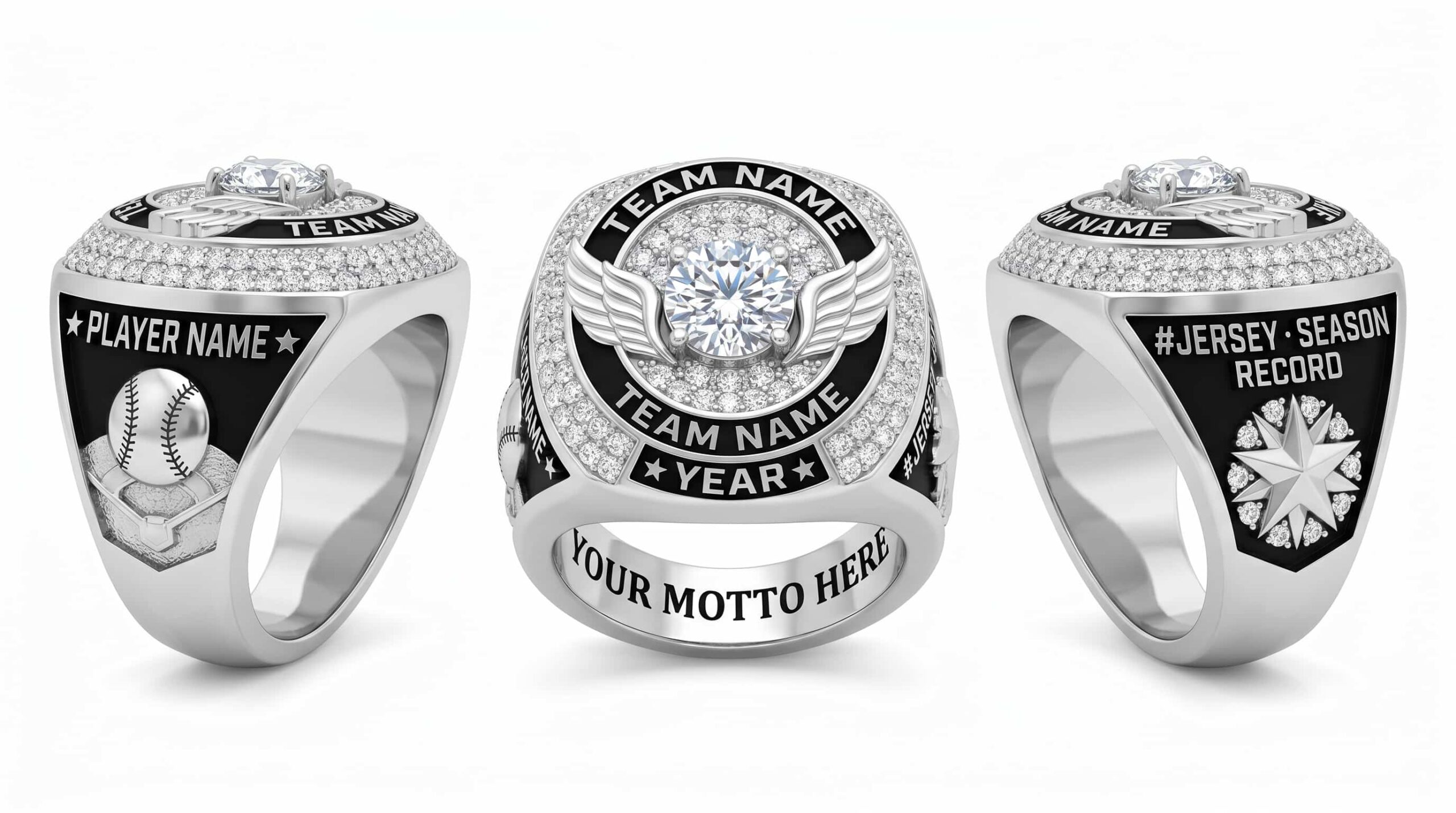 Cy Young Elite luxury baseball championship ring moissanite ice blue 150 pave crystals three-panel view — ClassRingAI
