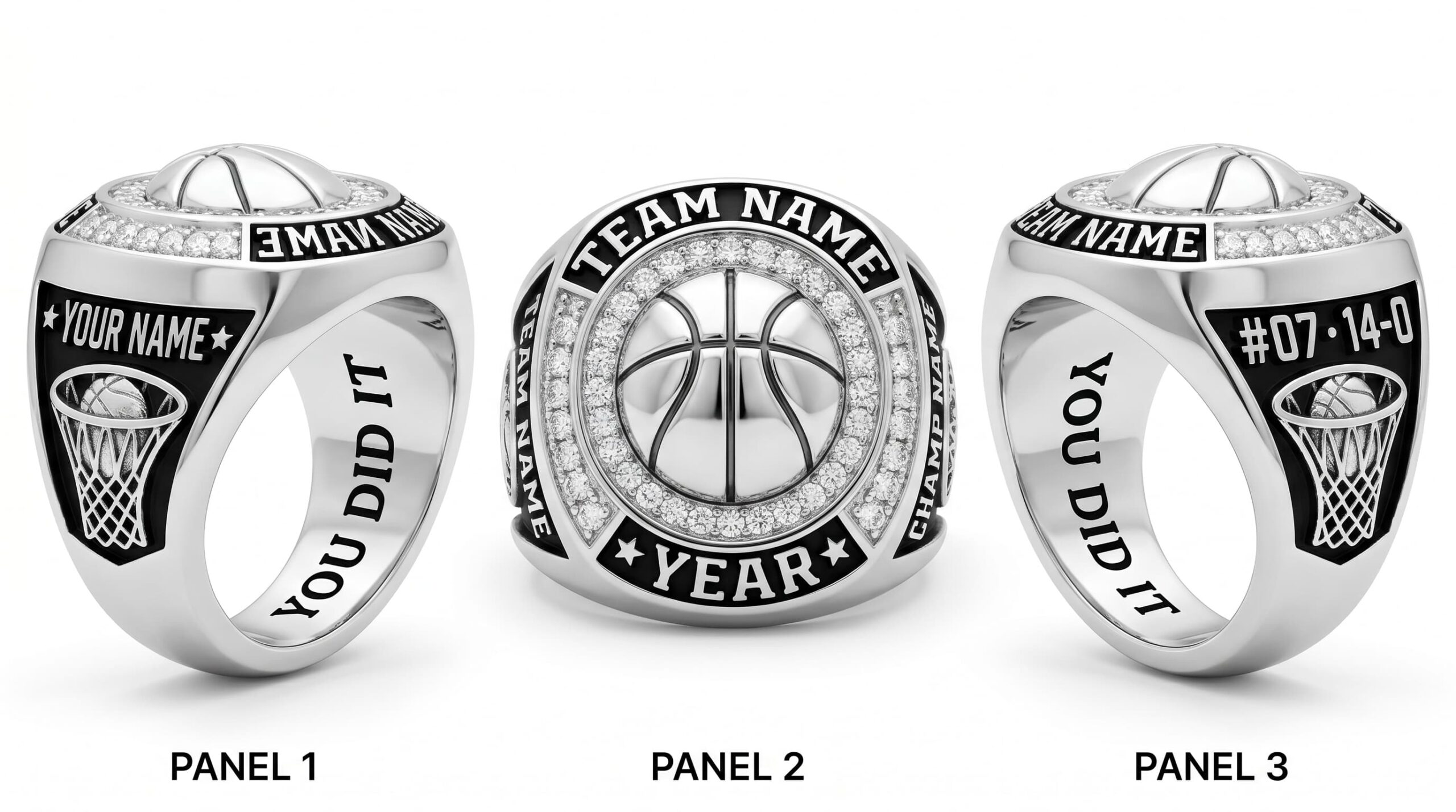 Court King basketball championship ring 925 silver three-panel view — ClassRingAI