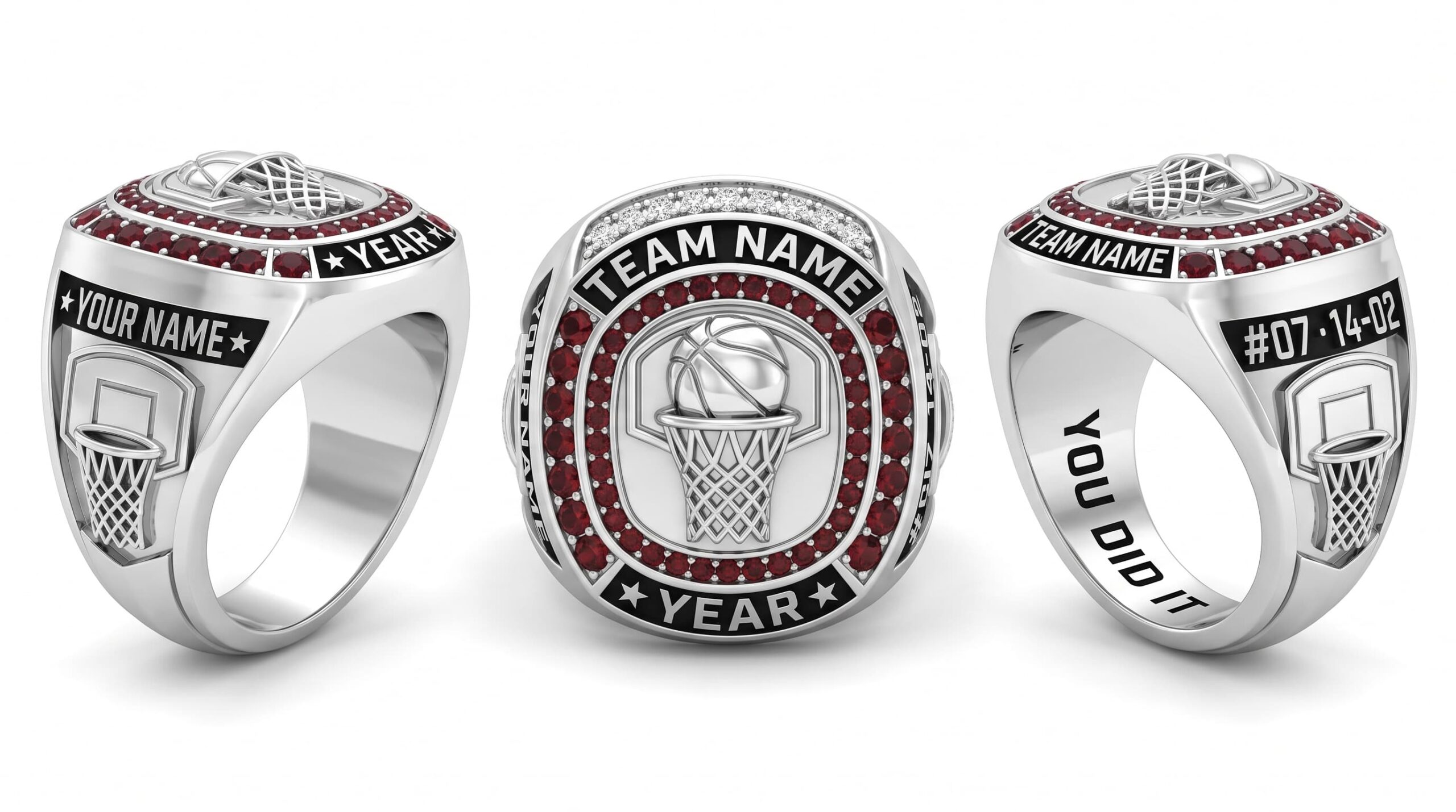 Slam Dunk basketball championship ring shield bezel sapphire blue three-panel view — ClassRingAI