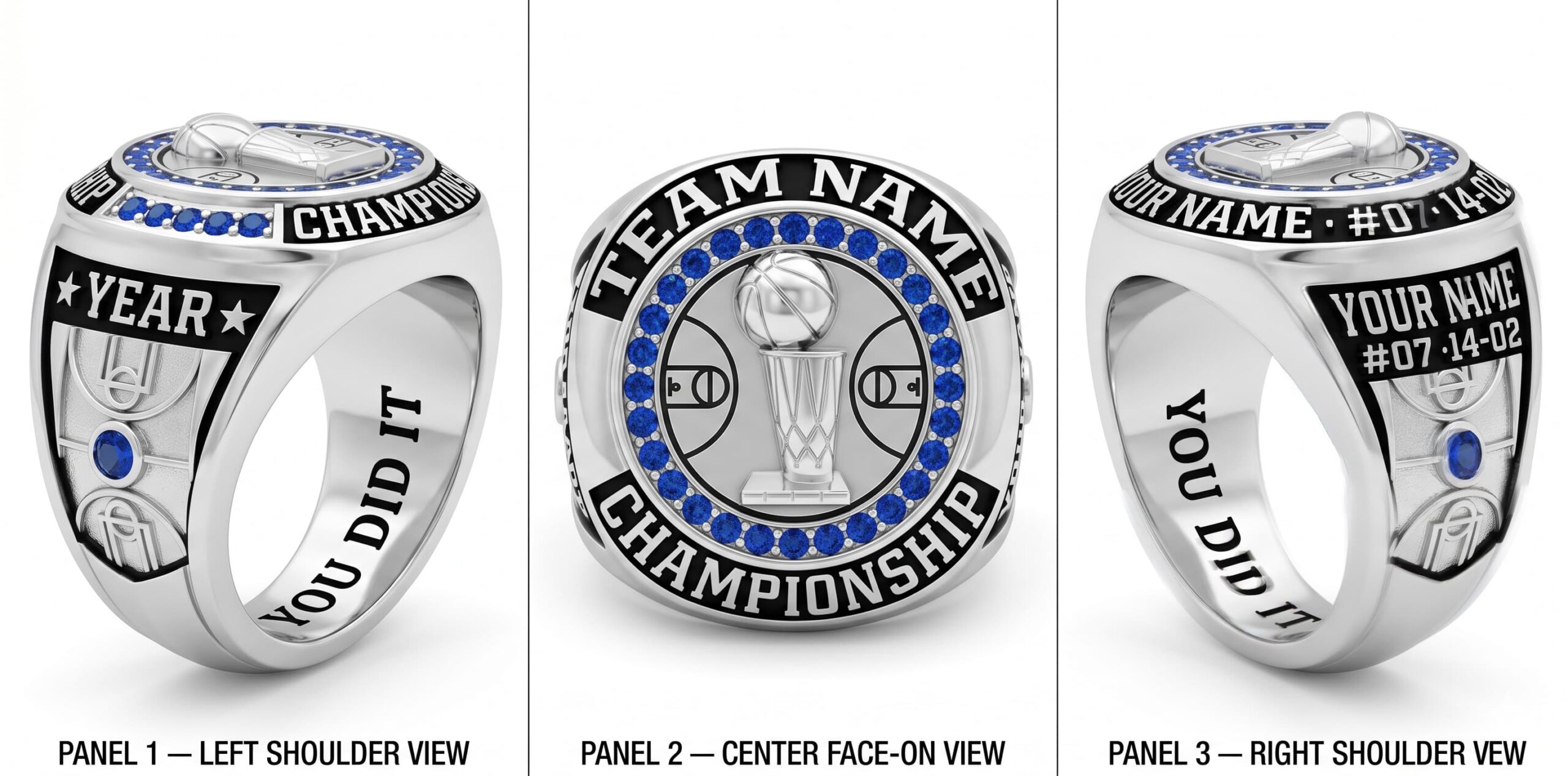 Finals MVP basketball championship ring rink layout crystal pave three-panel view — ClassRingAI