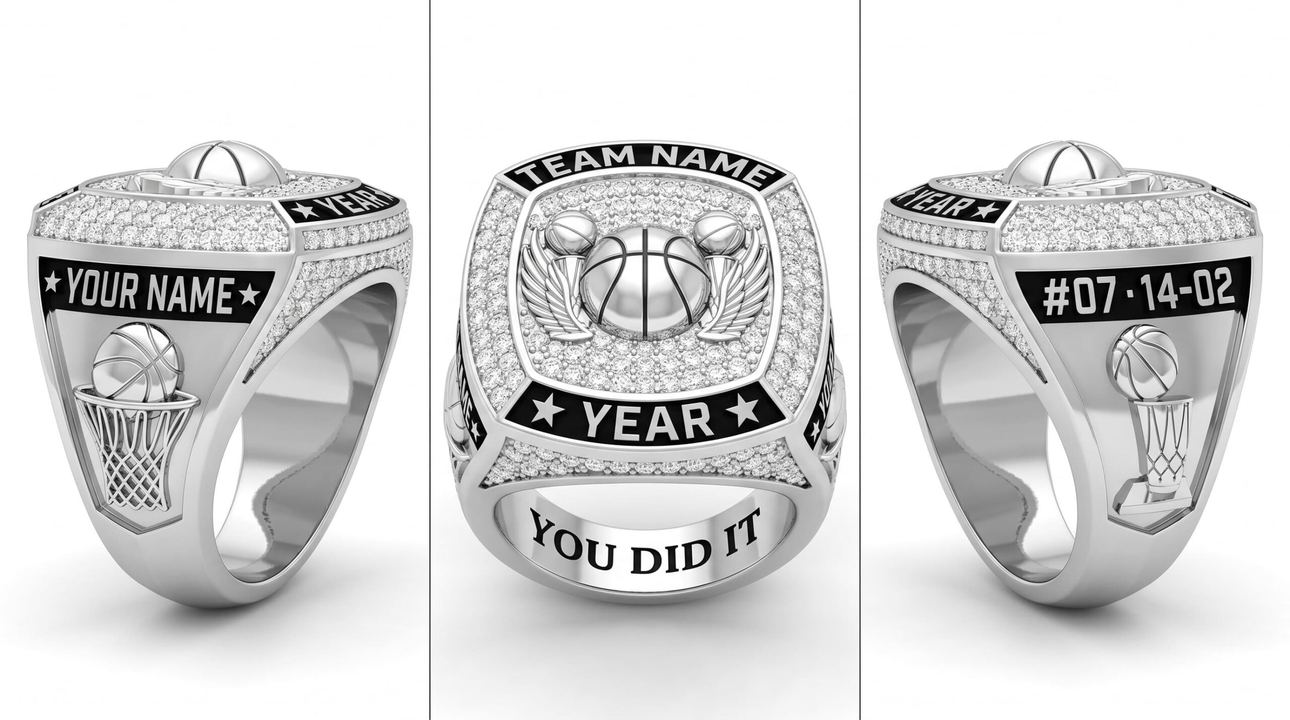 Diamond Alley basketball championship ring full pave white crystal three-panel view — ClassRingAI