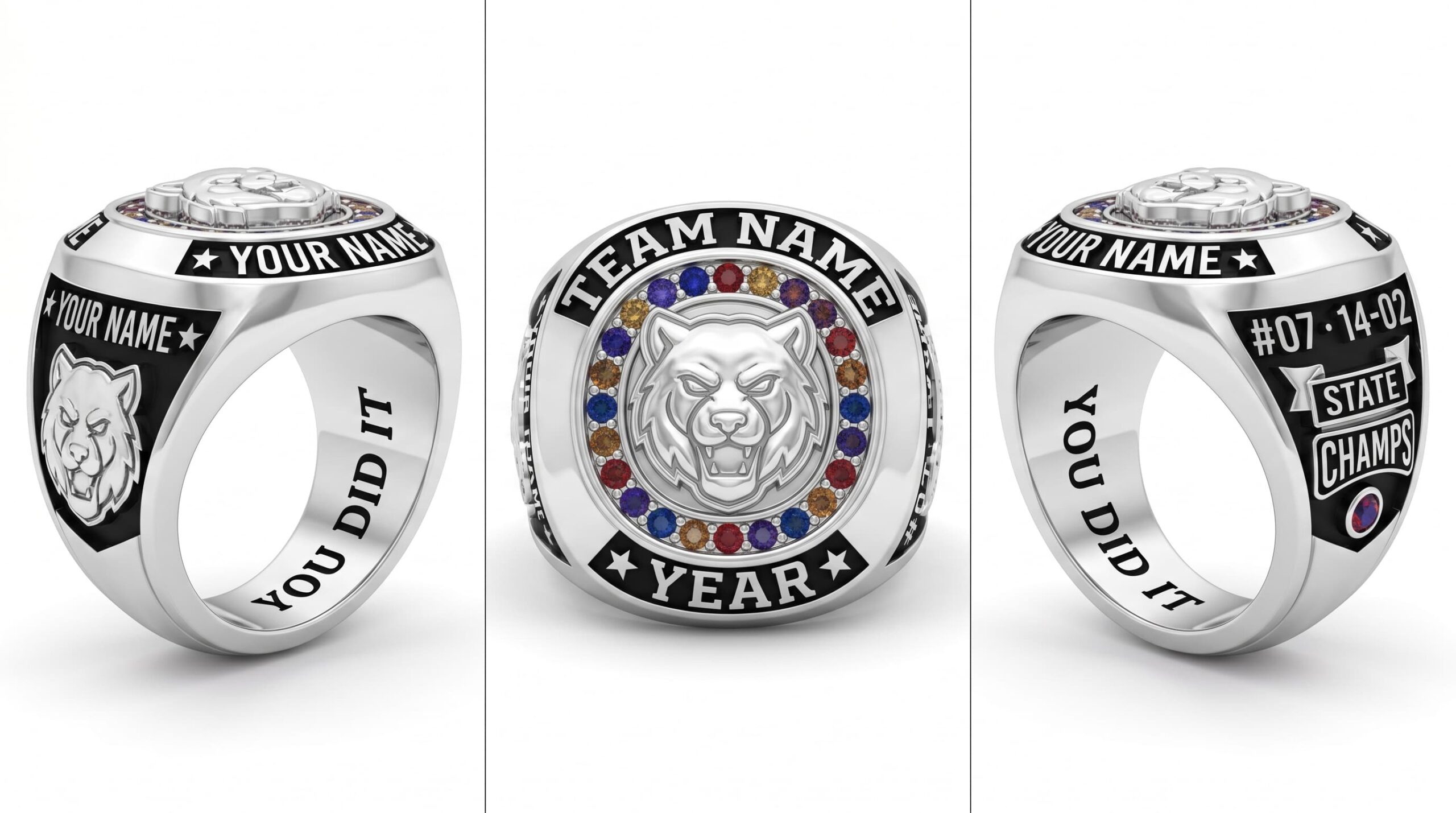 Legacy Hoops basketball championship ring mascot crest team colors three-panel view — ClassRingAI