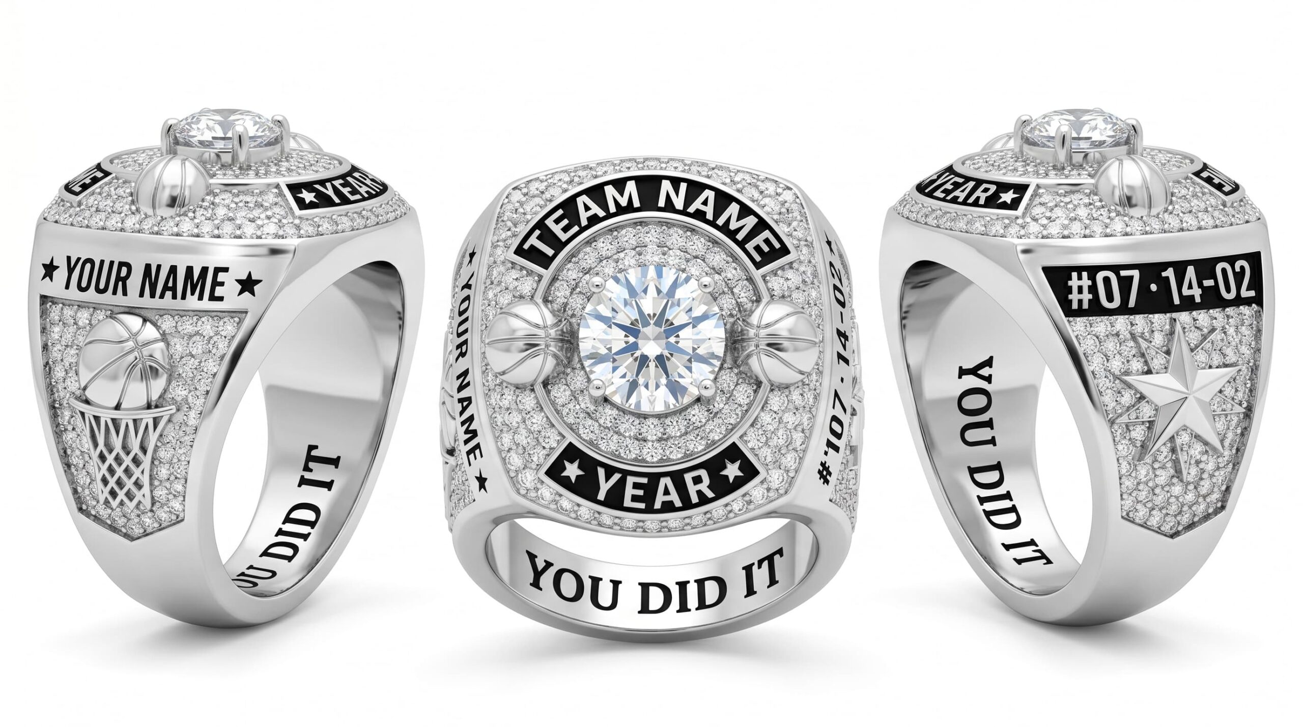 Hardwood Elite luxury basketball championship ring moissanite ice blue 150 pave crystals three-panel view — ClassRingAI