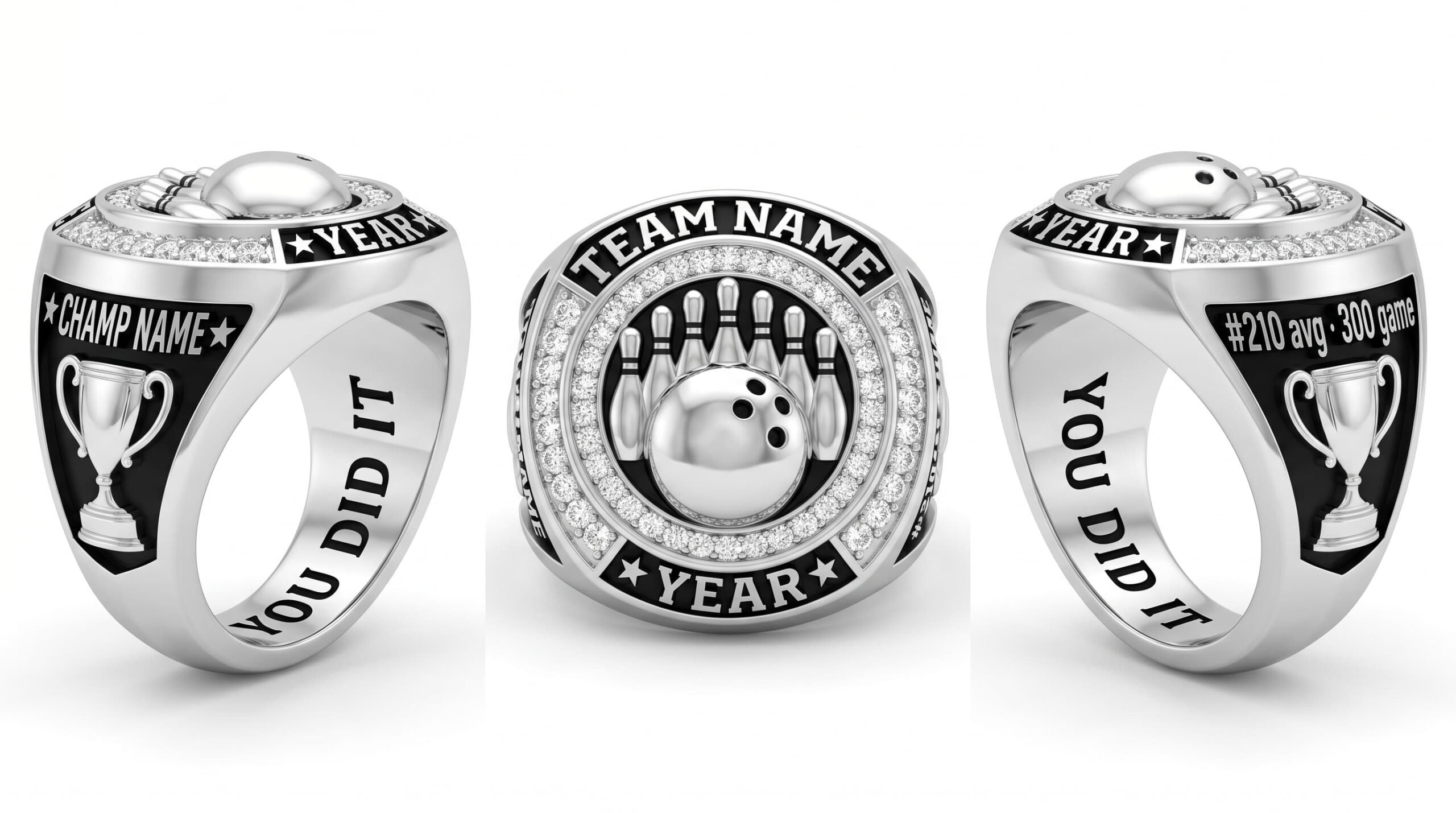 Perfect Game bowling championship ring 925 silver three-panel view — ClassRingAI
