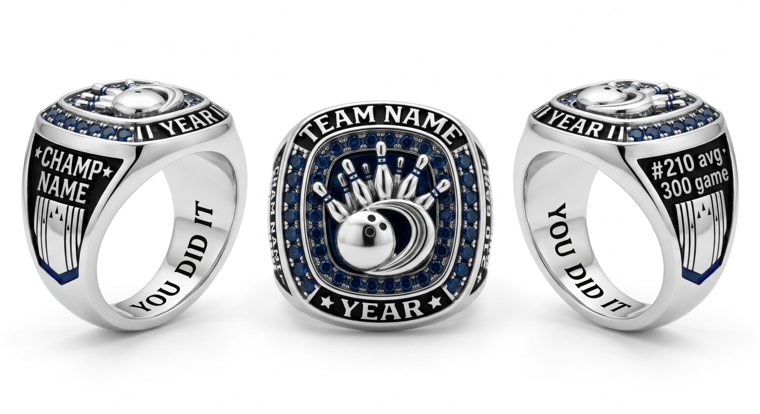 Strike King bowling championship ring shield bezel sapphire blue three-panel view — ClassRingAI