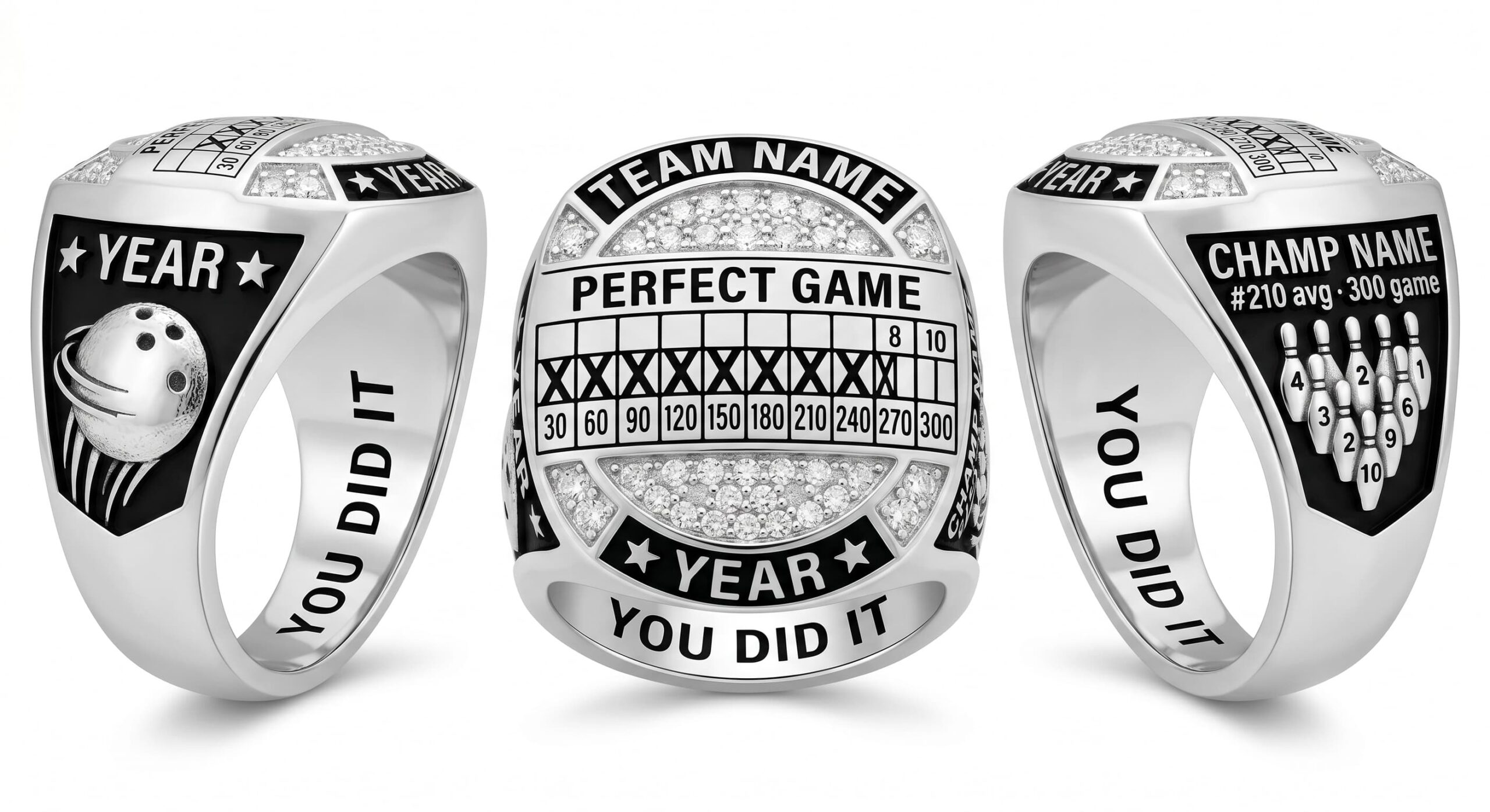 300 Legend bowling championship ring rink layout crystal pave three-panel view — ClassRingAI