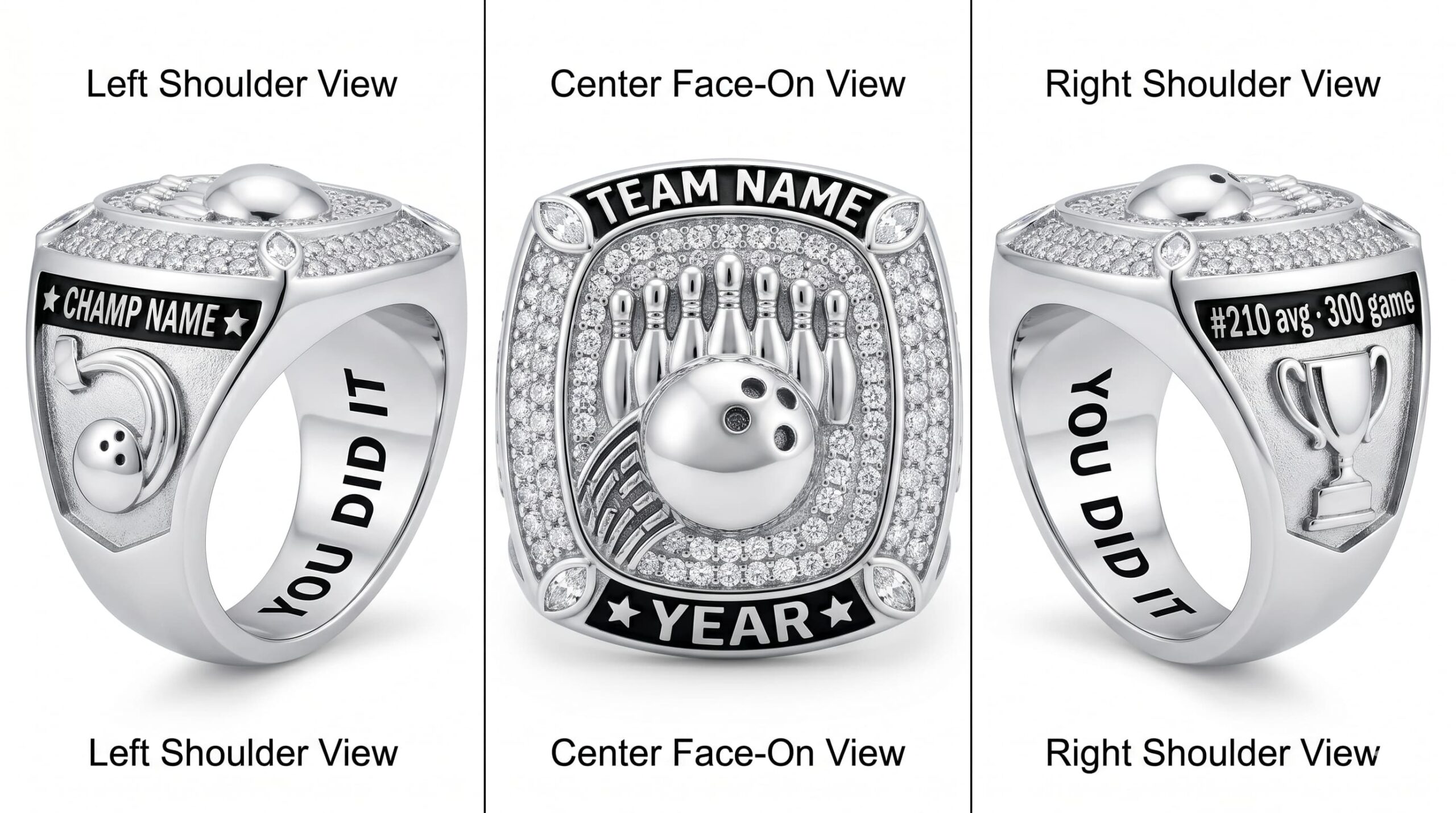 Split Master bowling championship ring full pave white crystal three-panel view — ClassRingAI