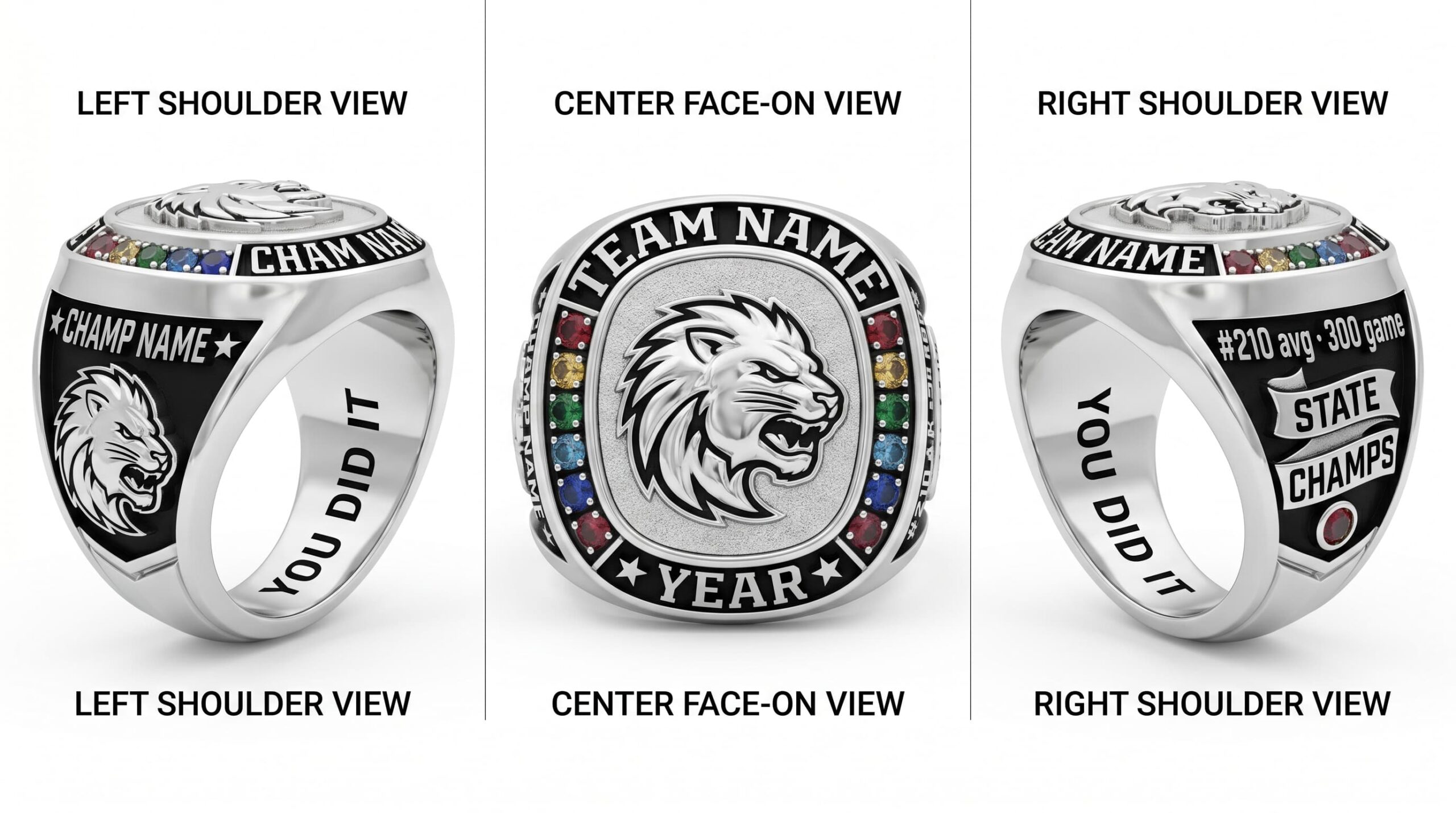 Lane Champion bowling championship ring mascot crest team colors three-panel view — ClassRingAI