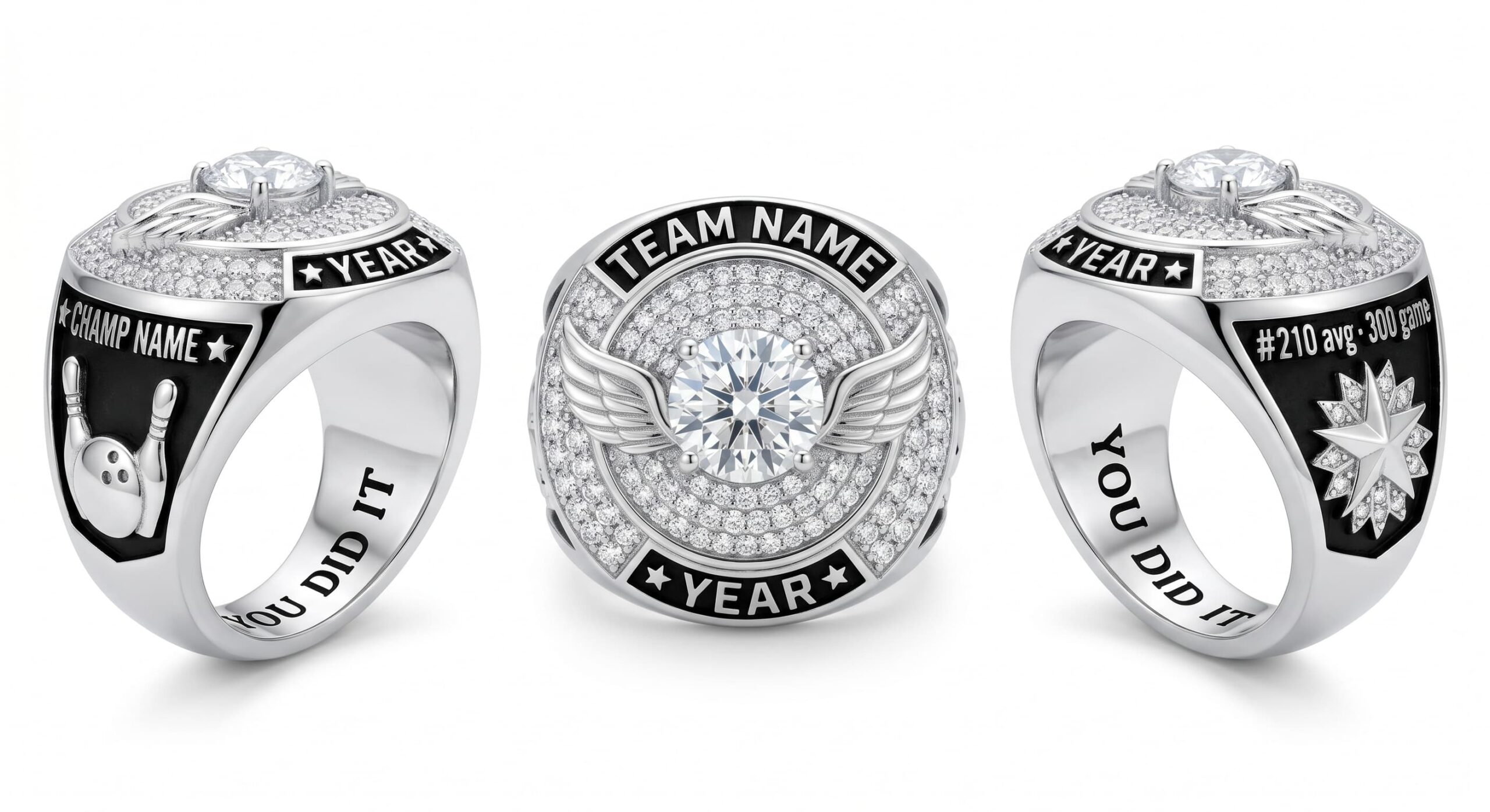 Tournament Elite luxury bowling championship ring moissanite ice blue 150 pave crystals three-panel view — ClassRingAI