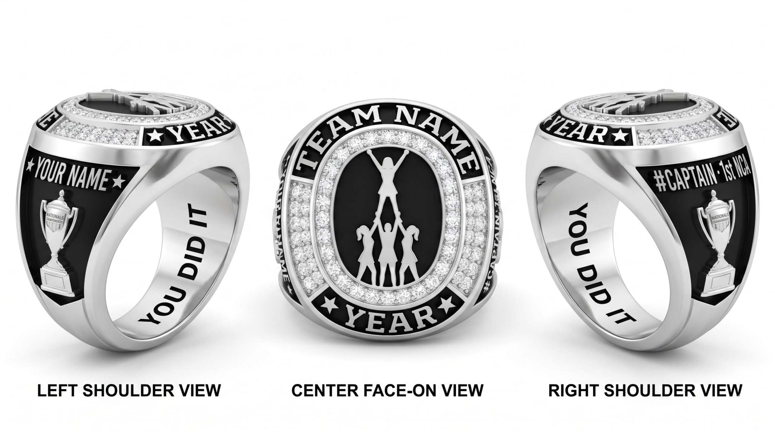 Stunt Queen cheer championship ring 925 silver three-panel view — ClassRingAI