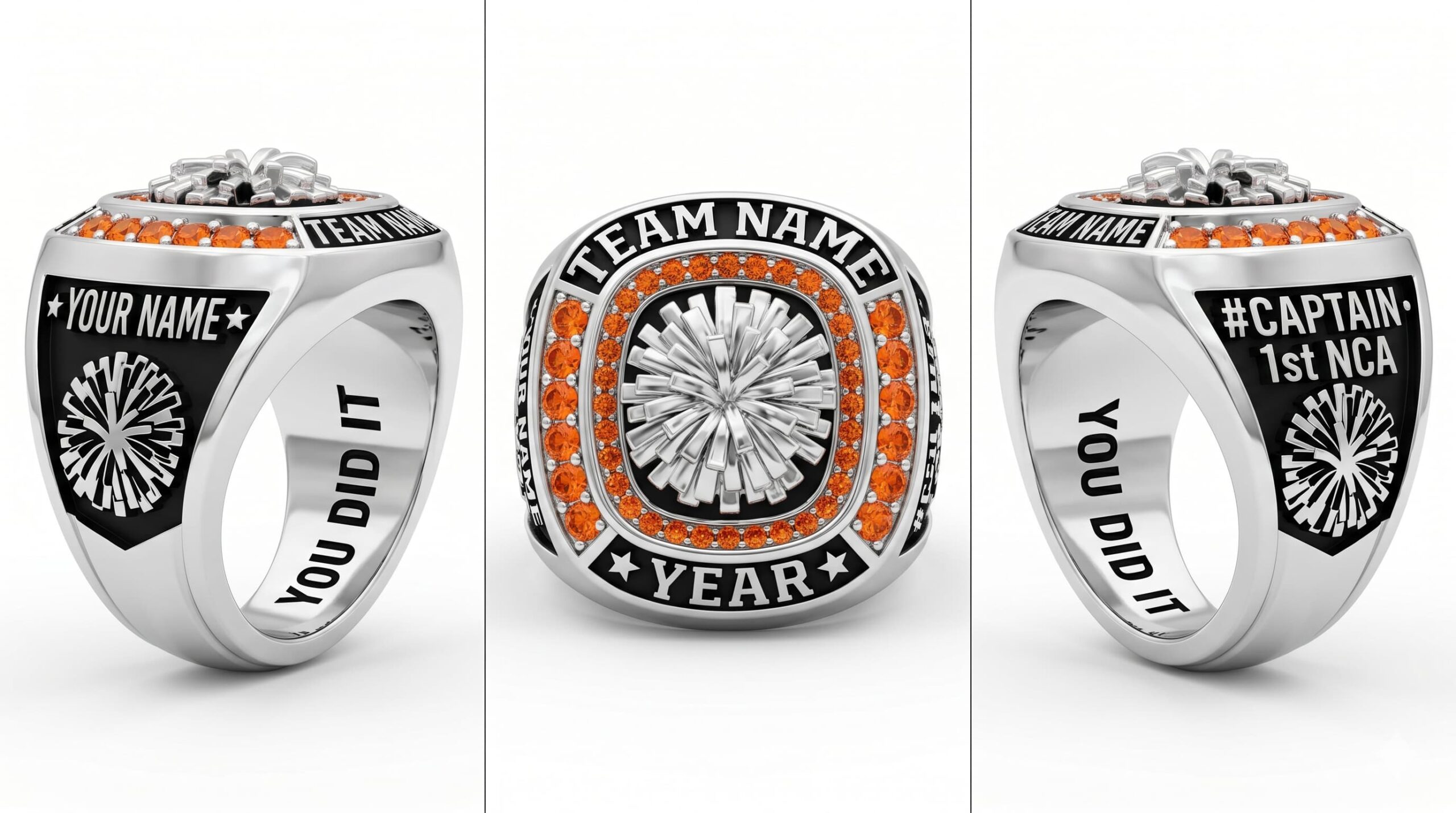 Nationals Legend cheer championship ring shield bezel sapphire blue three-panel view — ClassRingAI