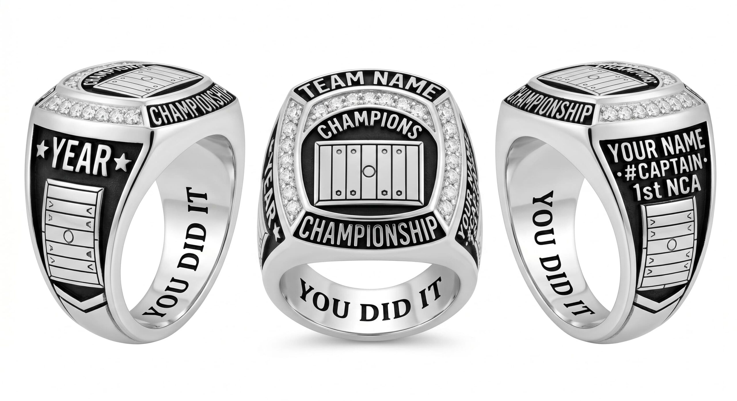Game Day Elite cheer championship ring rink layout crystal pave three-panel view — ClassRingAI