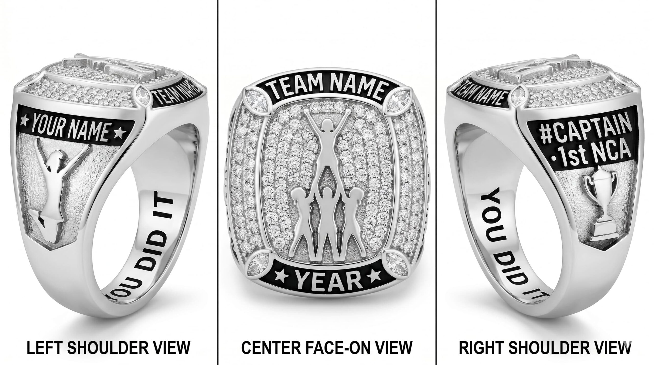 Full Out cheer championship ring full pave white crystal three-panel view — ClassRingAI