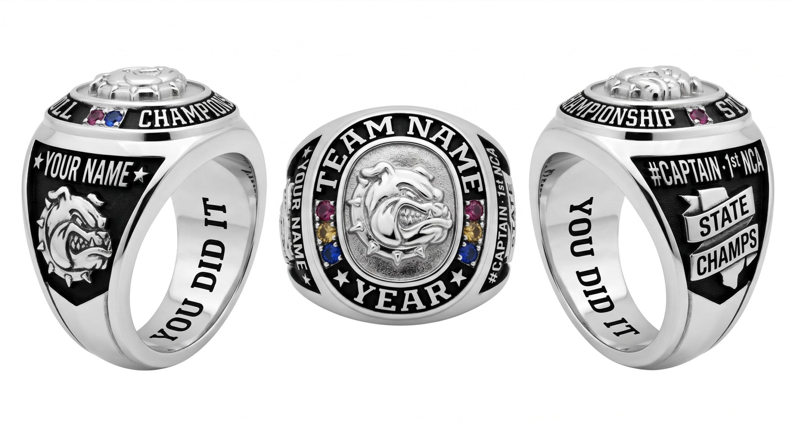 State Champion cheer championship ring mascot crest team colors three-panel view — ClassRingAI