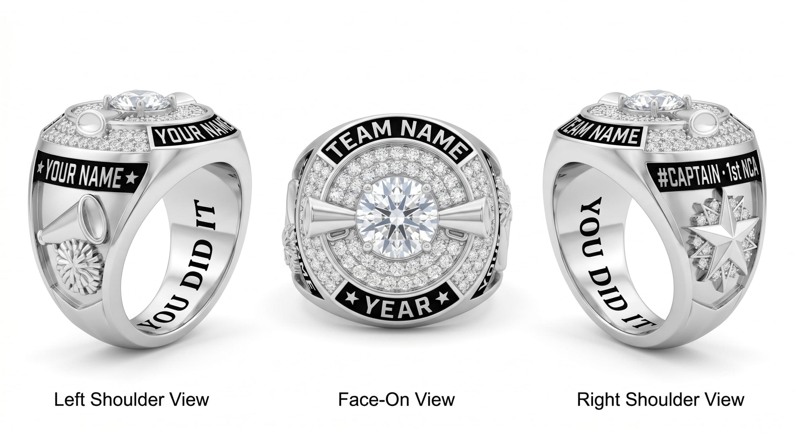 NCA Crown luxury cheer championship ring moissanite ice blue 150 pave crystals three-panel view — ClassRingAI