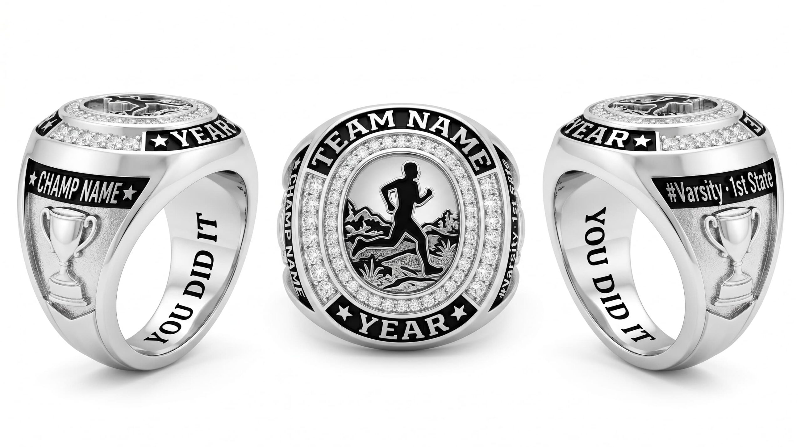 Trail King cross country championship ring 925 silver three-panel view — ClassRingAI