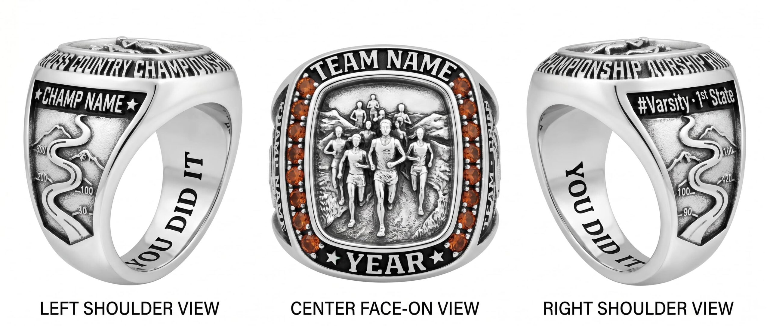 Pack Leader cross country championship ring shield bezel sapphire blue three-panel view — ClassRingAI