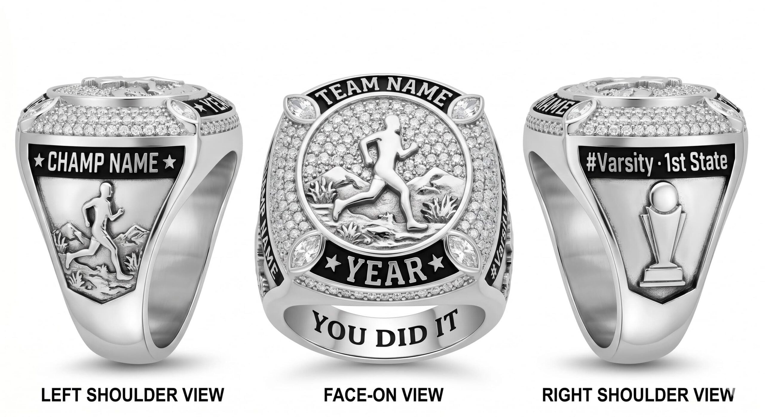 Distance Legend cross country championship ring full pave white crystal three-panel view — ClassRingAI