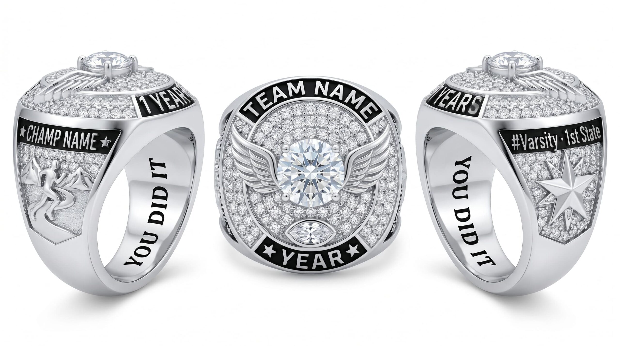 Varsity Elite luxury cross country championship ring moissanite ice blue 150 pave crystals three-panel view — ClassRingAI