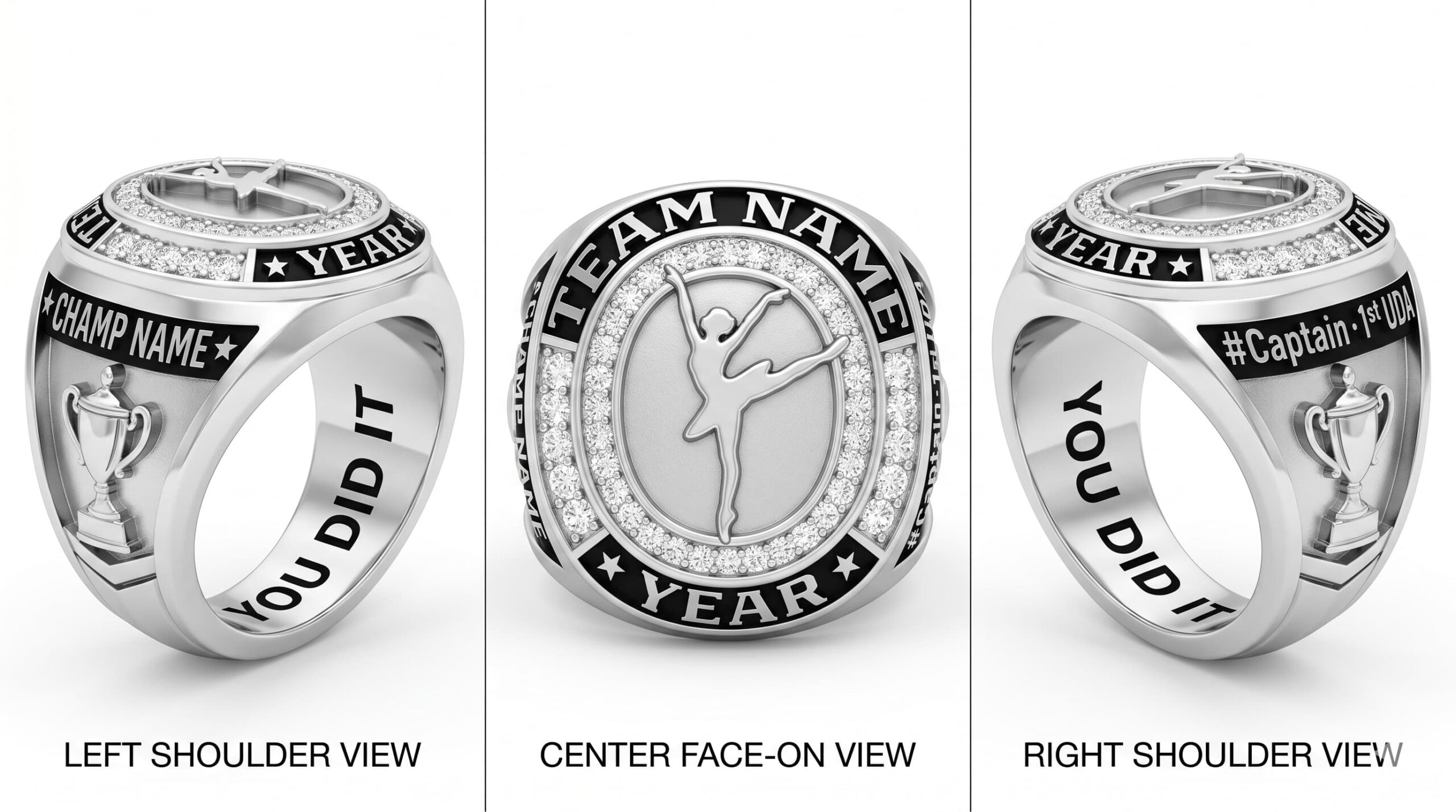 Floor Queen dance team championship ring 925 silver three-panel view — ClassRingAI