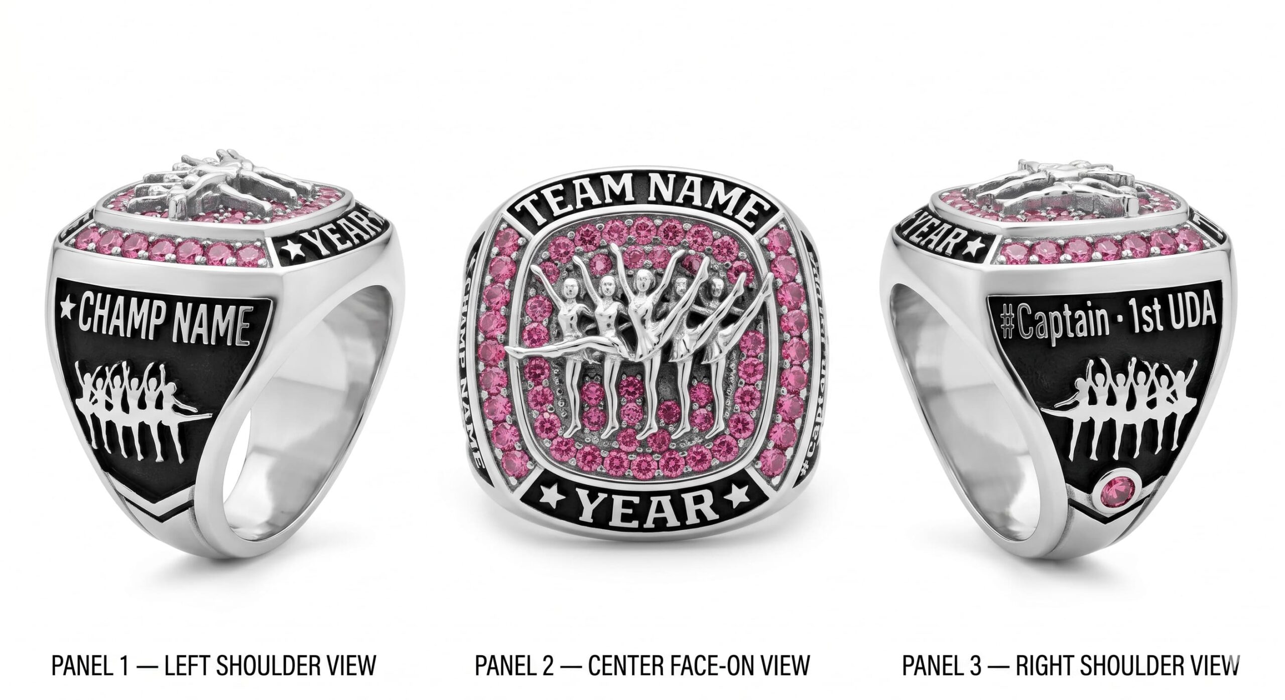 Kick Line dance team championship ring shield bezel sapphire blue three-panel view — ClassRingAI