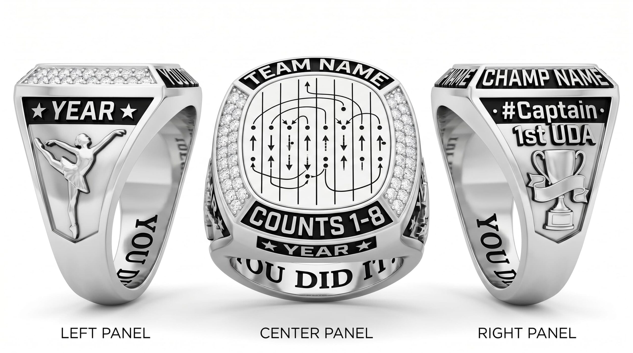 Nationals Legend dance team championship ring rink layout crystal pave three-panel view — ClassRingAI