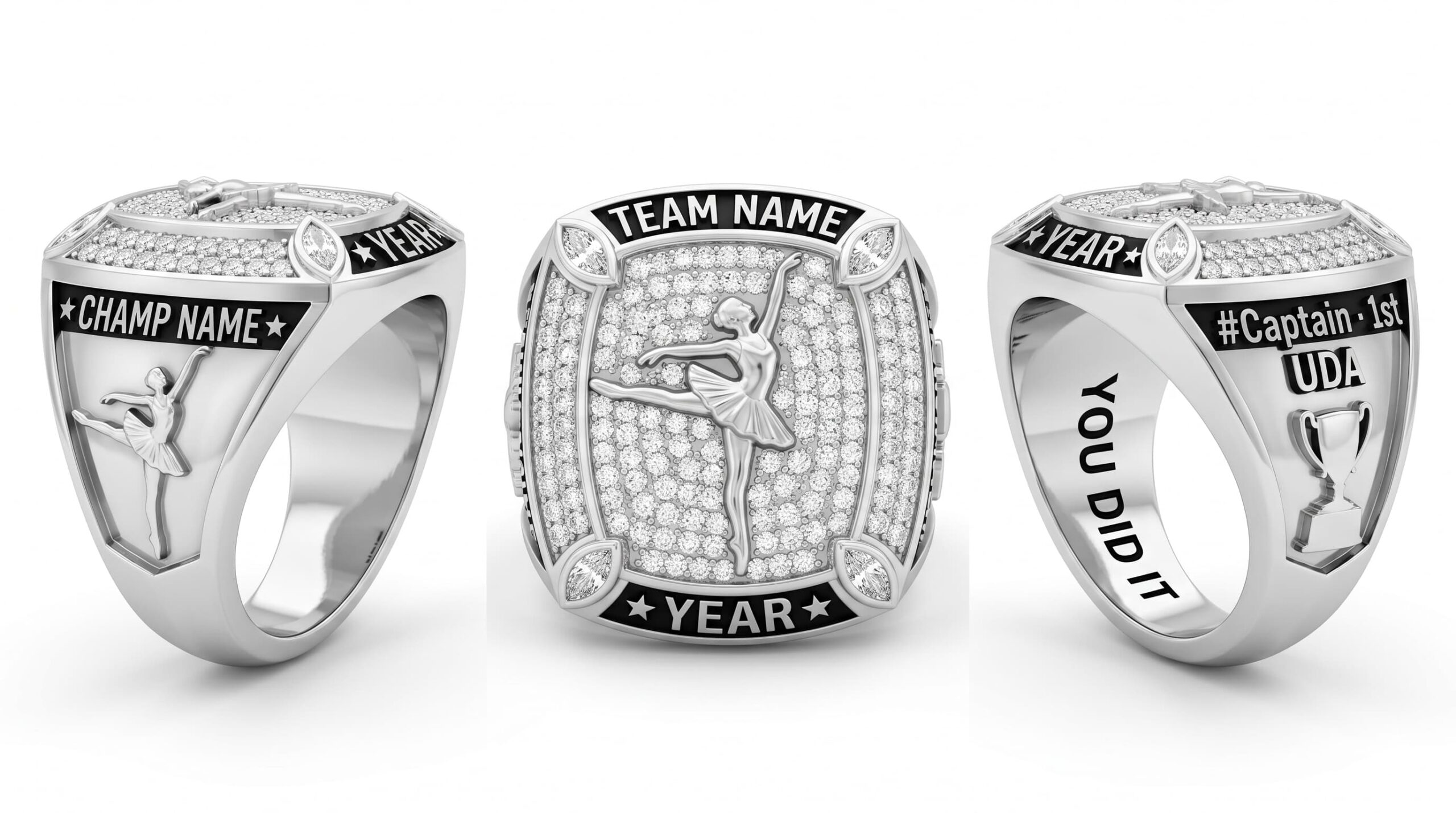 Formation Elite dance team championship ring full pave white crystal three-panel view — ClassRingAI