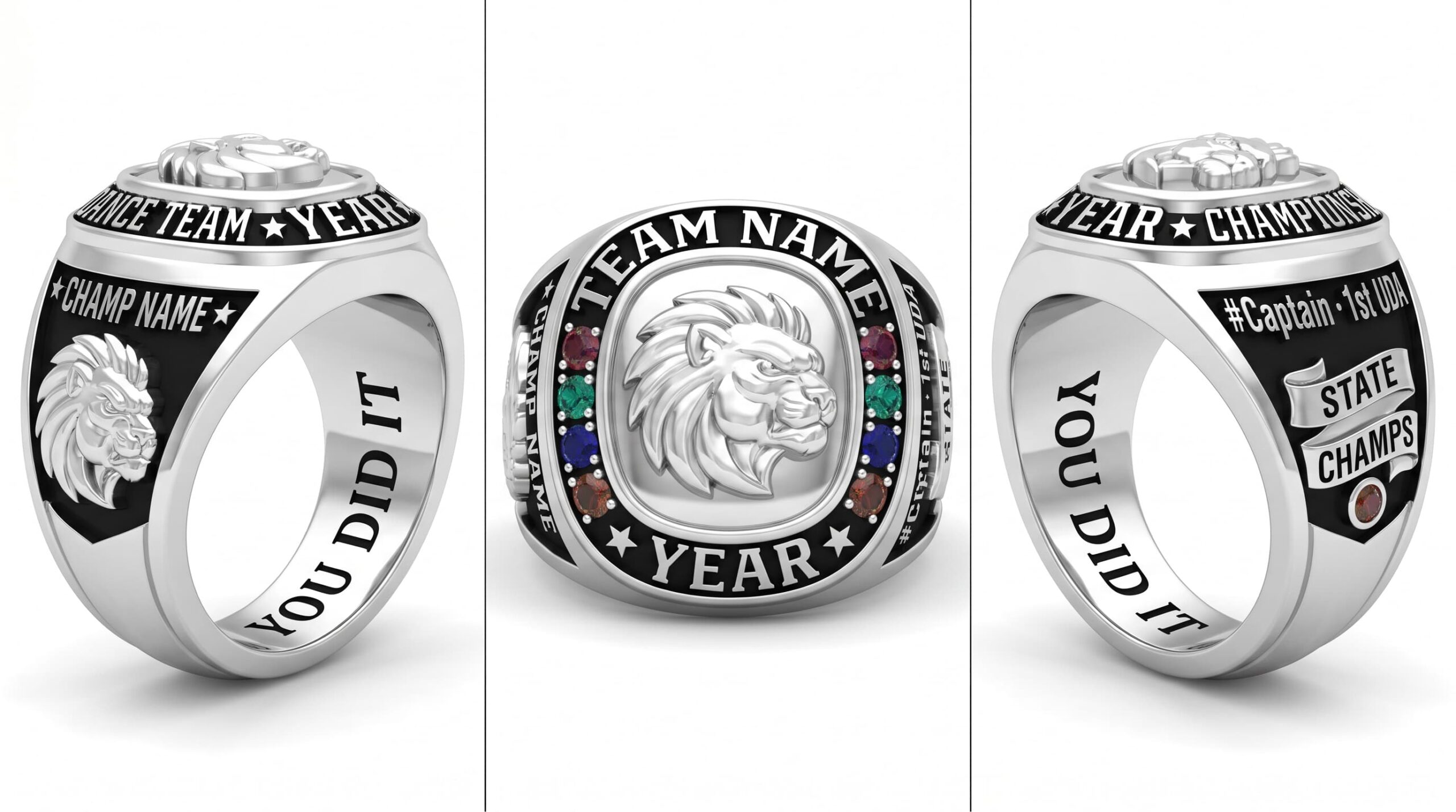 Dance Captain dance team championship ring mascot crest team colors three-panel view — ClassRingAI