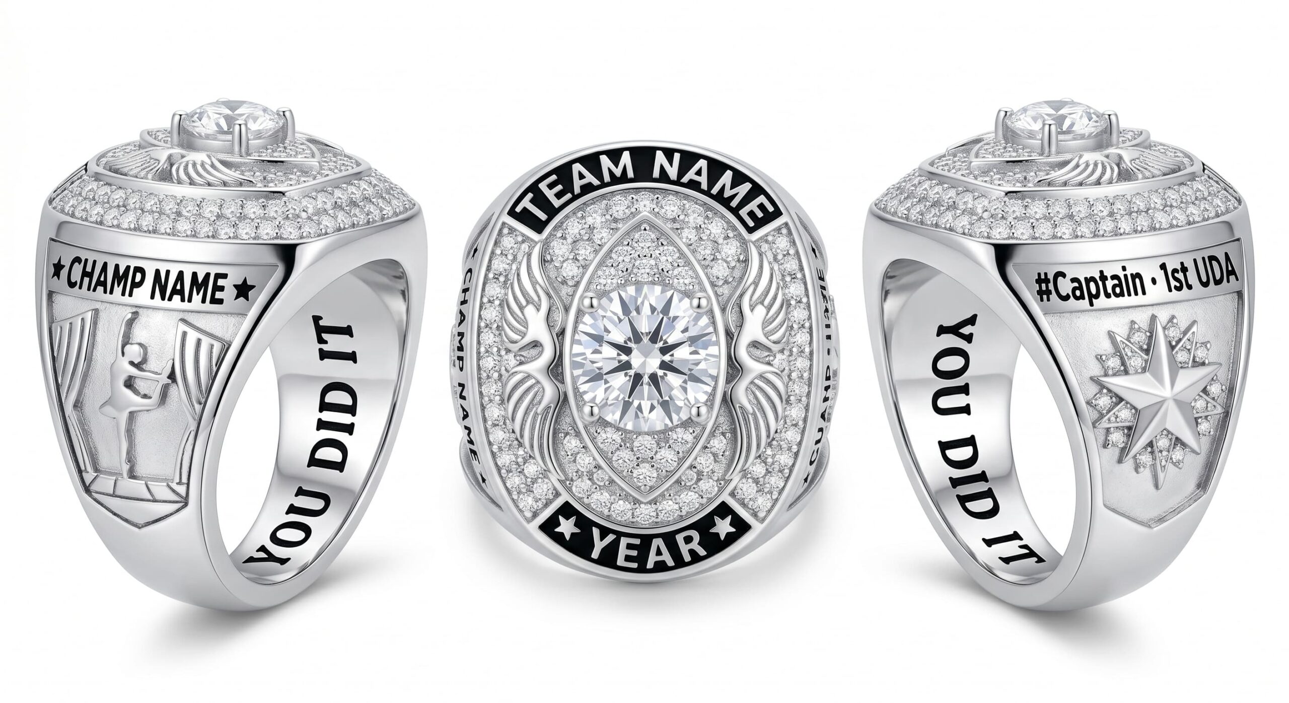 World Crown luxury dance team championship ring moissanite ice blue 150 pave crystals three-panel view — ClassRingAI