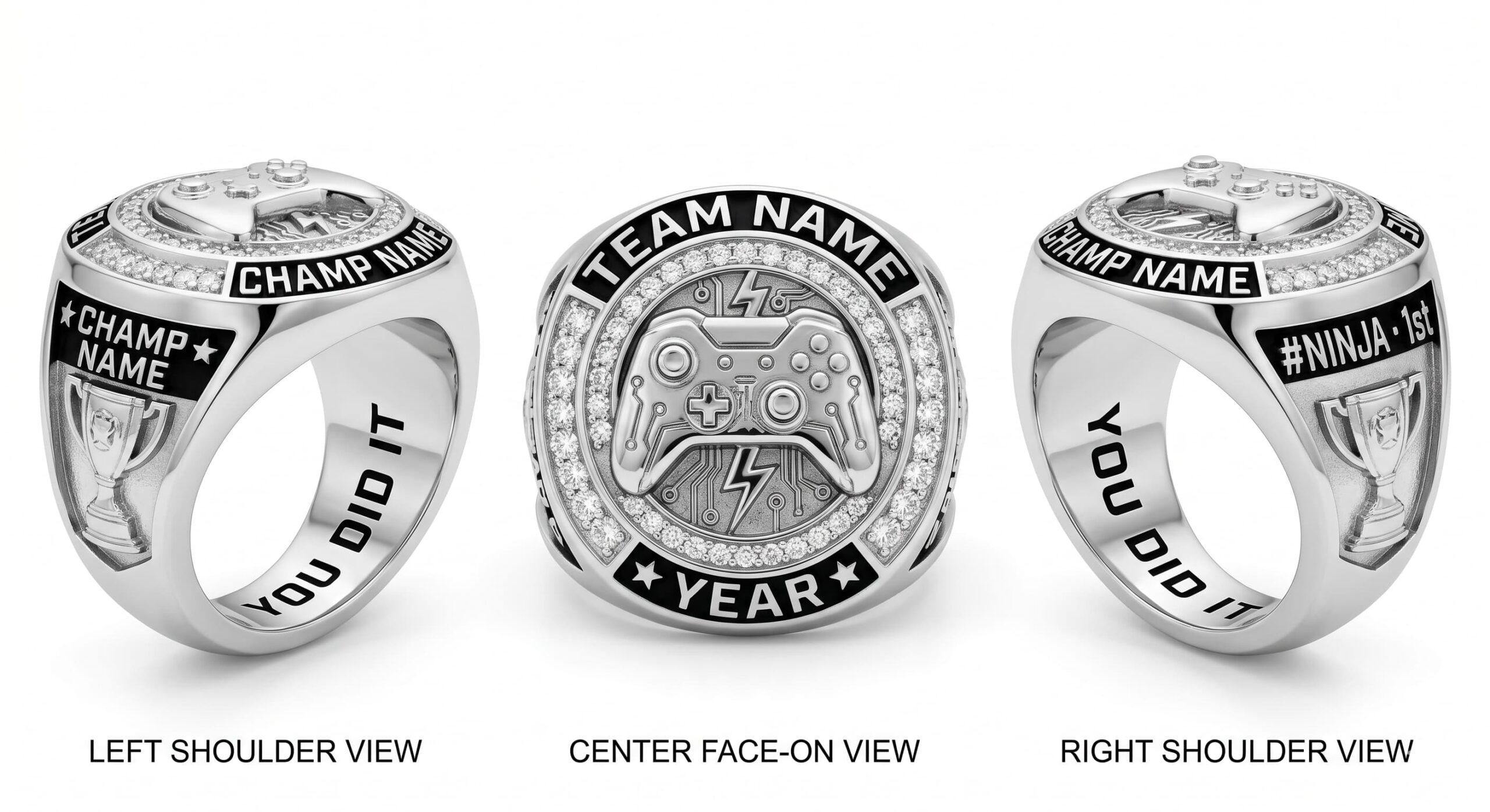 Frag Master esports championship ring 925 silver three-panel view — ClassRingAI