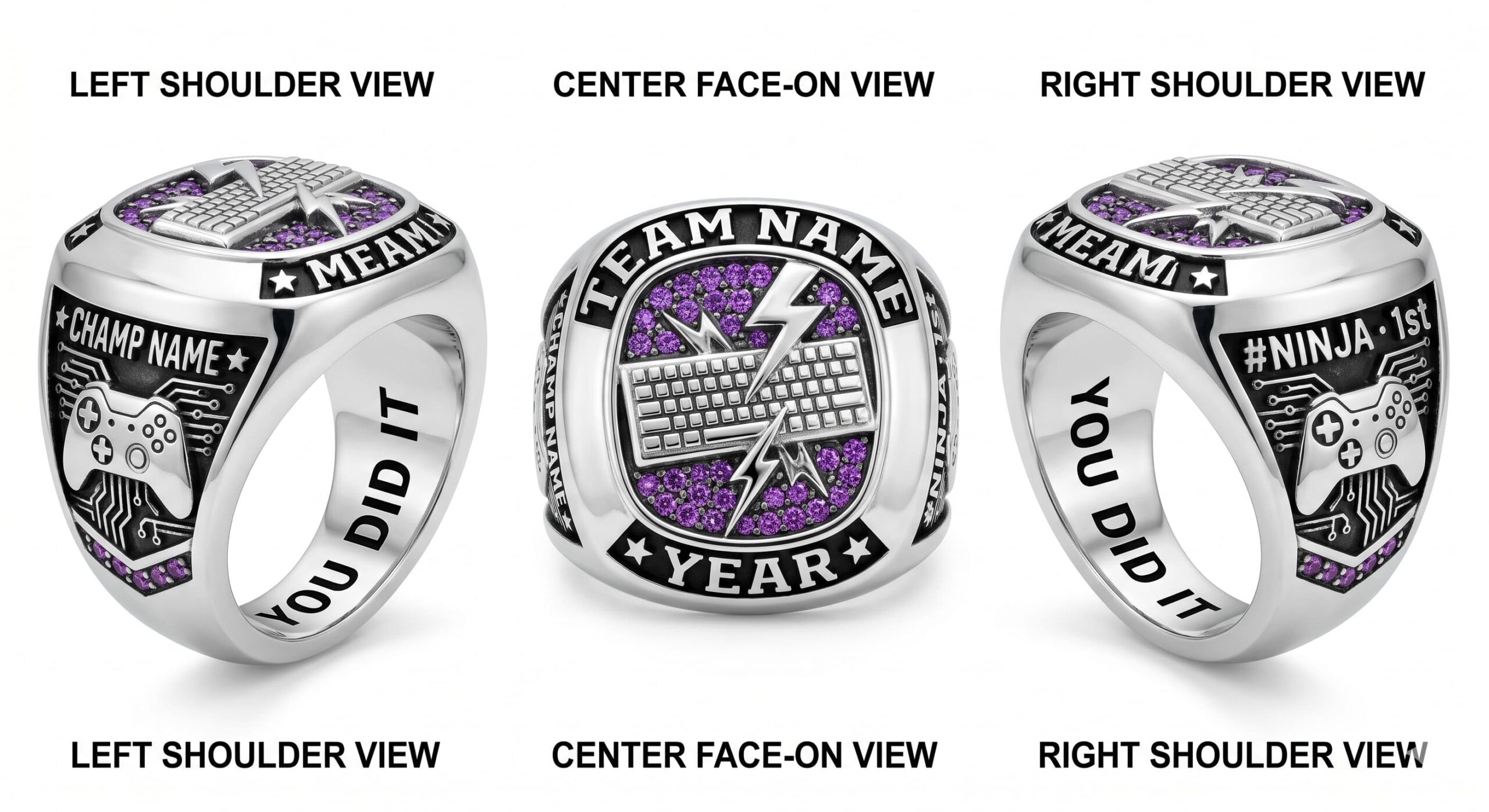 MVP Legend esports championship ring shield bezel sapphire blue three-panel view — ClassRingAI