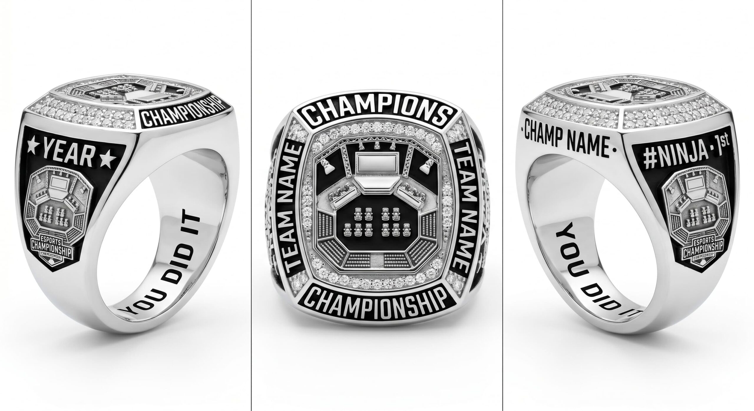 Grand Finals Elite esports championship ring rink layout crystal pave three-panel view — ClassRingAI