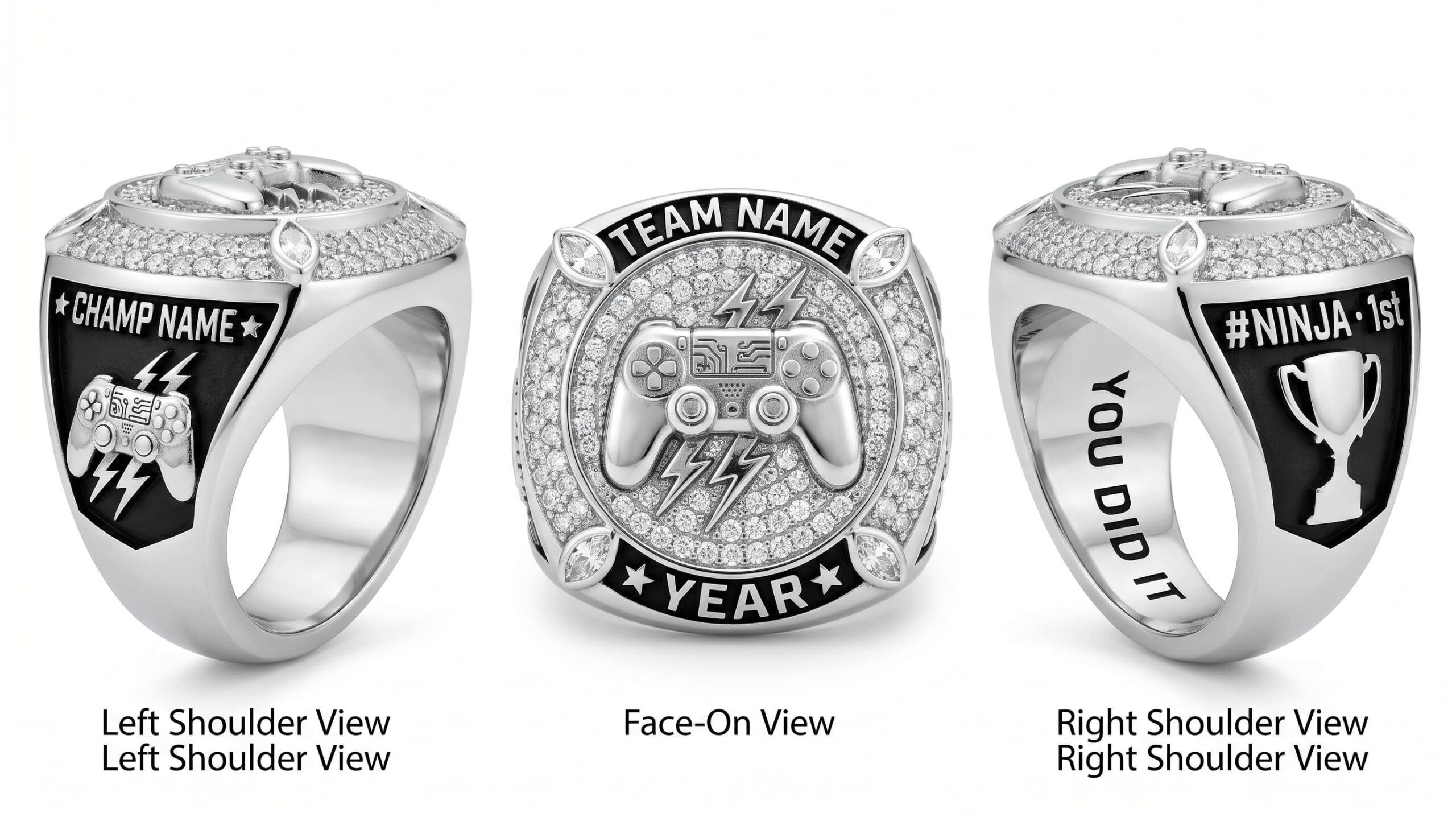 Clutch King esports championship ring full pave white crystal three-panel view — ClassRingAI