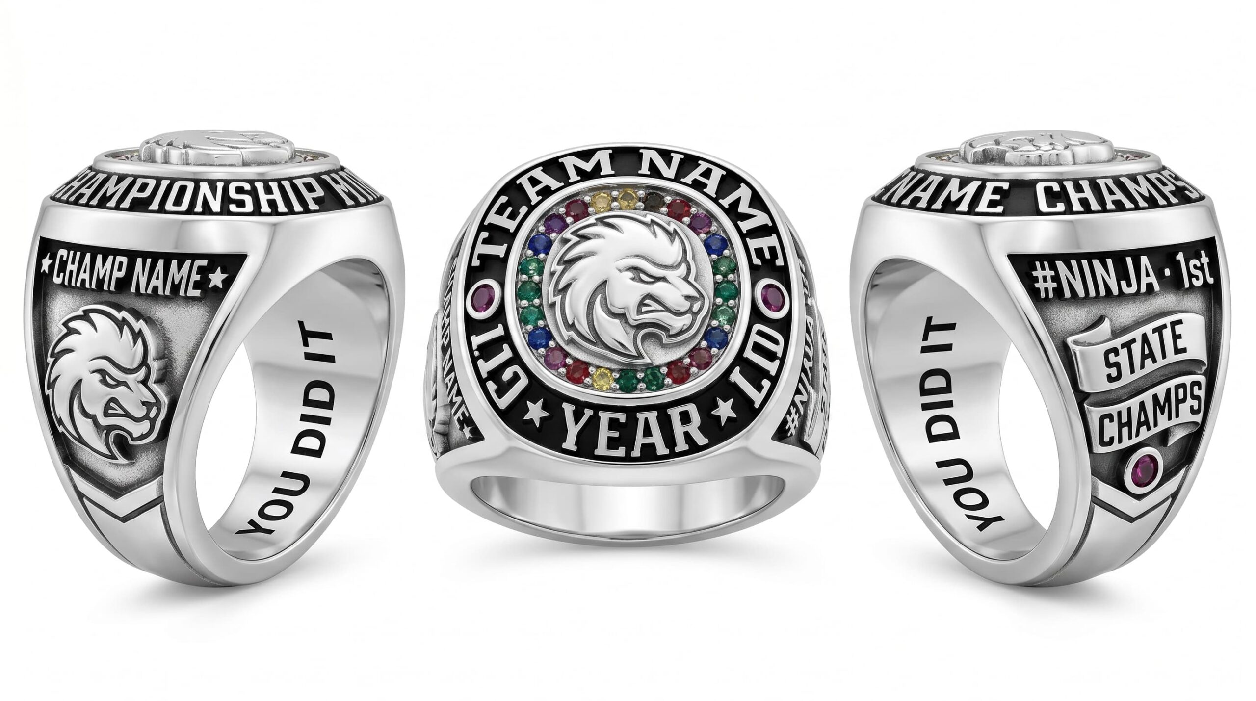 Team Champion esports championship ring mascot crest team colors three-panel view — ClassRingAI