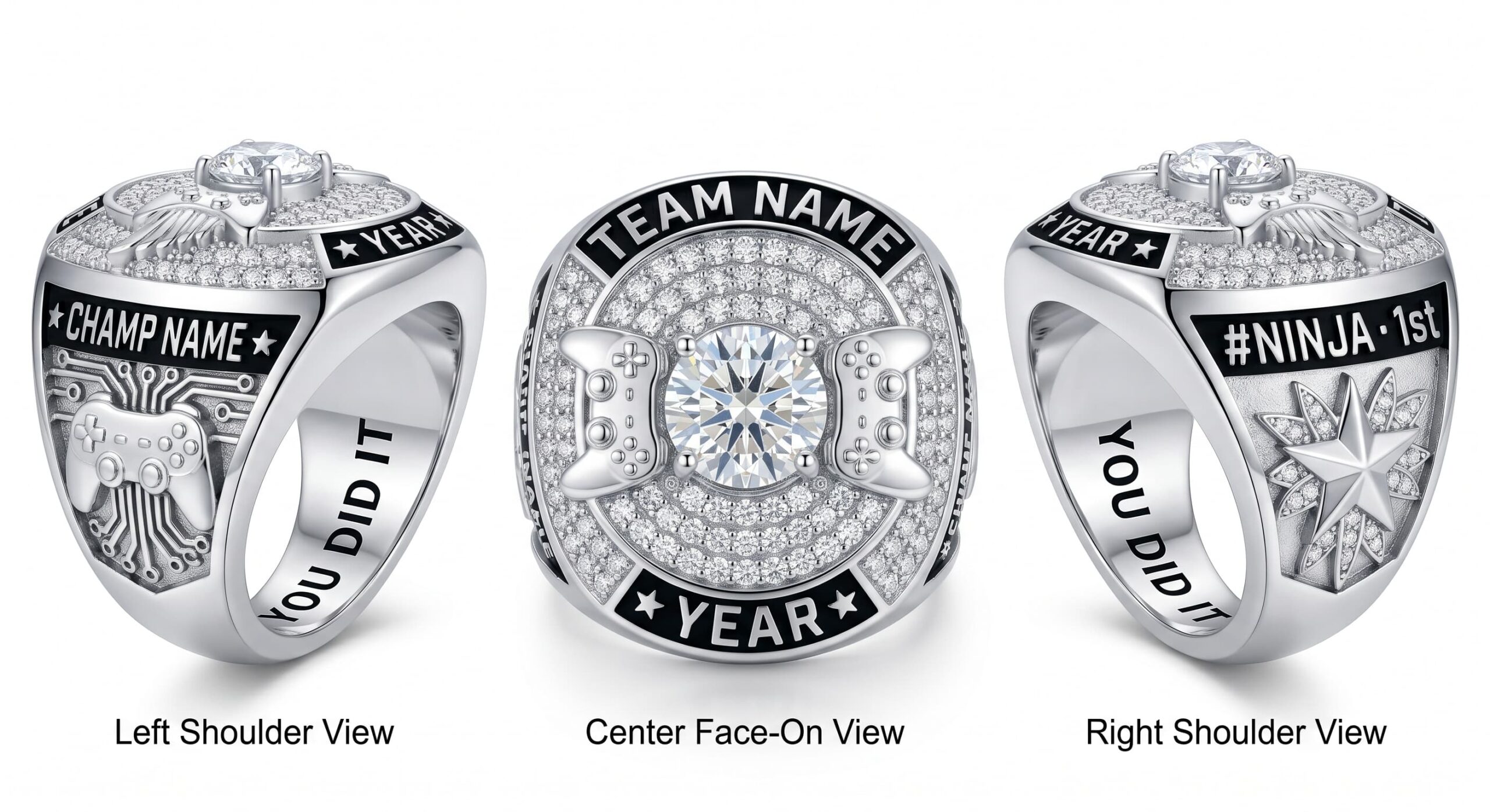 World Champion luxury esports championship ring moissanite ice blue 150 pave crystals three-panel view — ClassRingAI