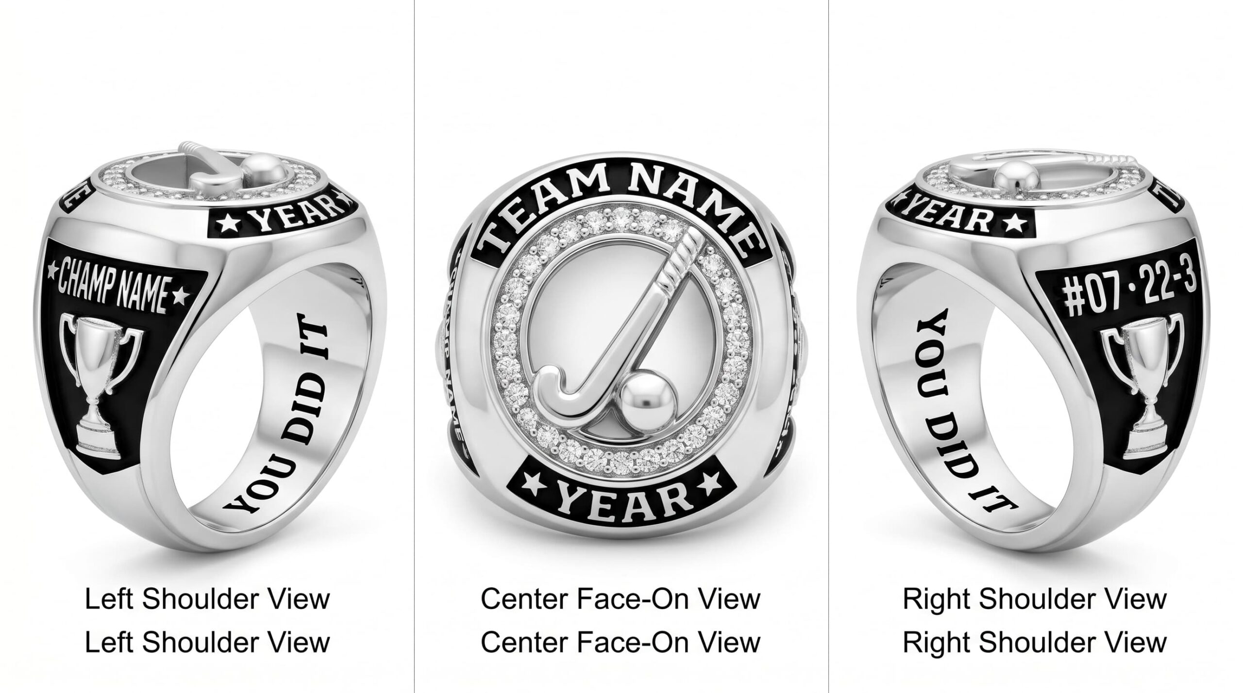 Penalty Corner field field hockey championship ring 925 silver three-panel view — ClassRingAI