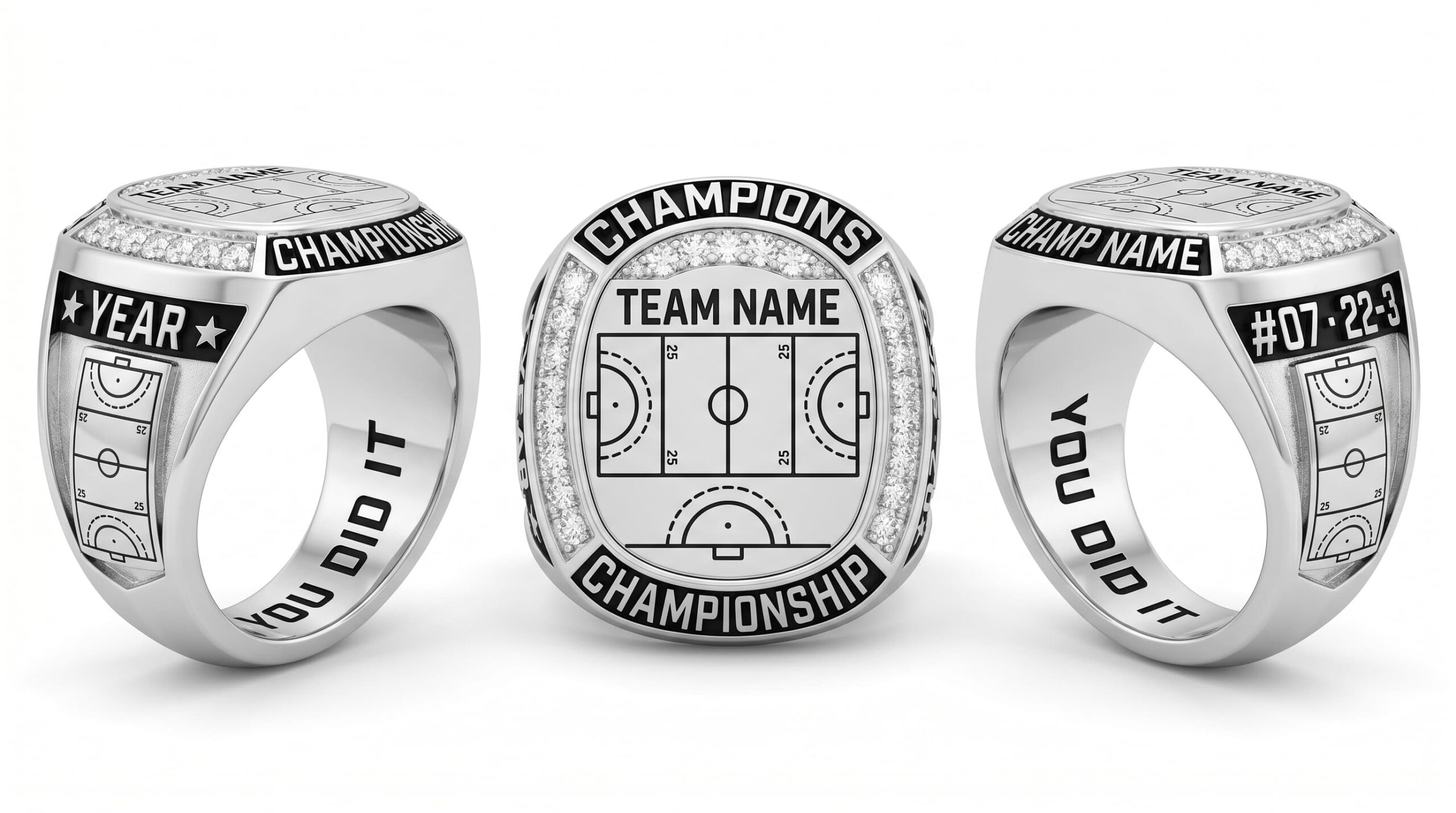 Field General field hockey championship ring rink layout crystal pave three-panel view — ClassRingAI