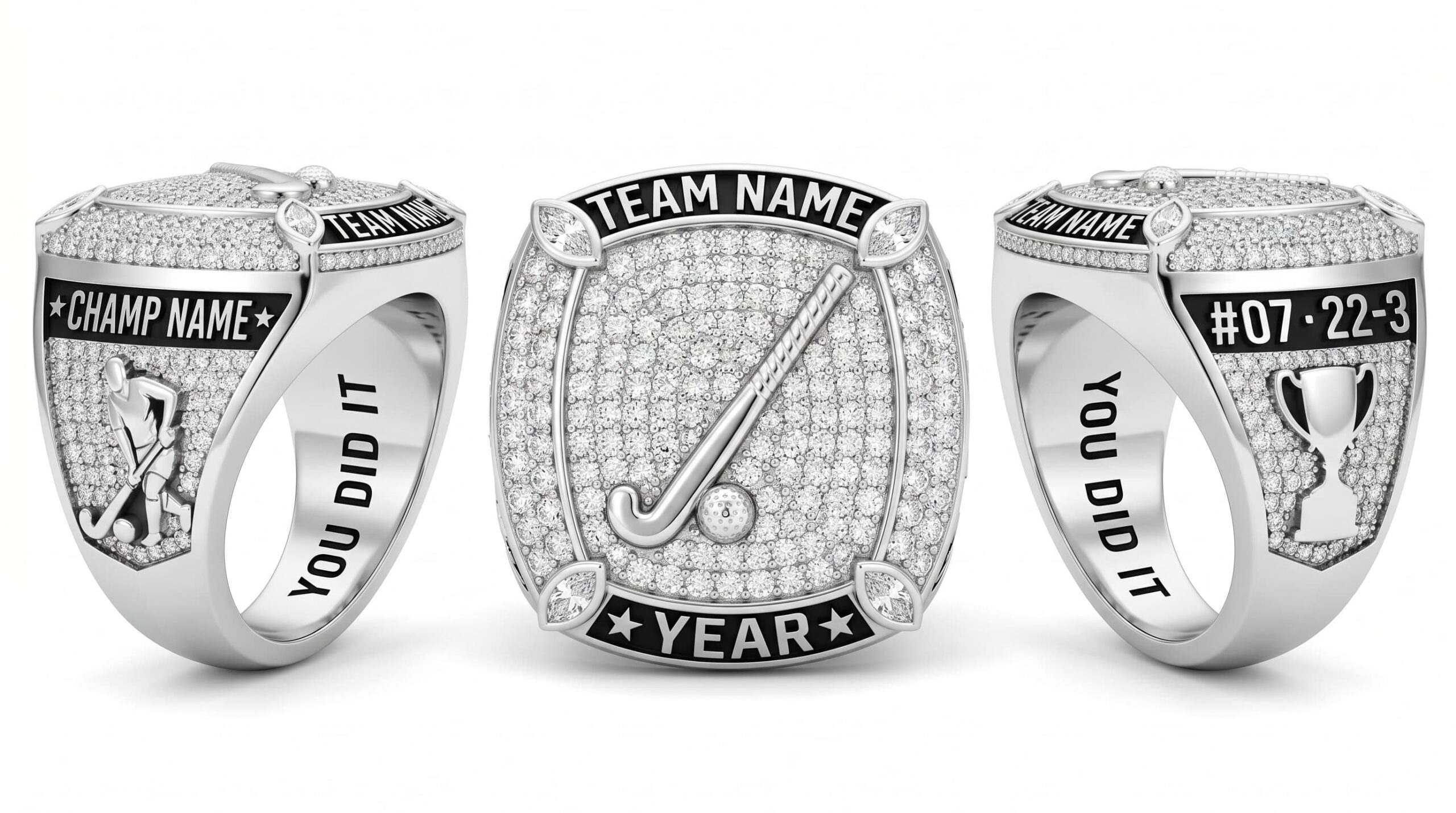 Hat Trick Elite field hockey championship ring full pave white crystal three-panel view — ClassRingAI