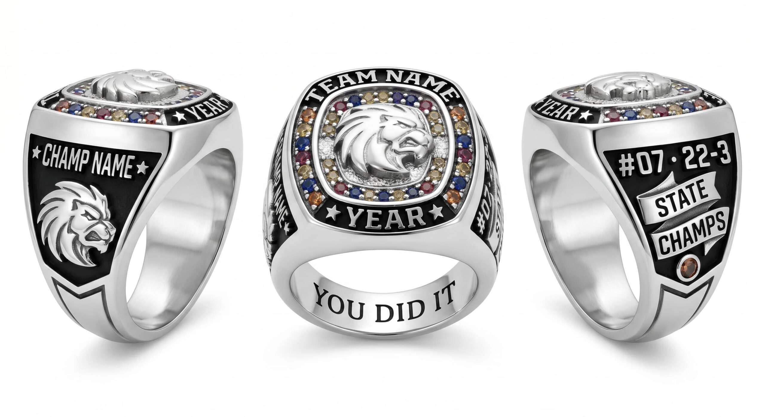 State Champion field hockey championship ring mascot crest team colors three-panel view — ClassRingAI