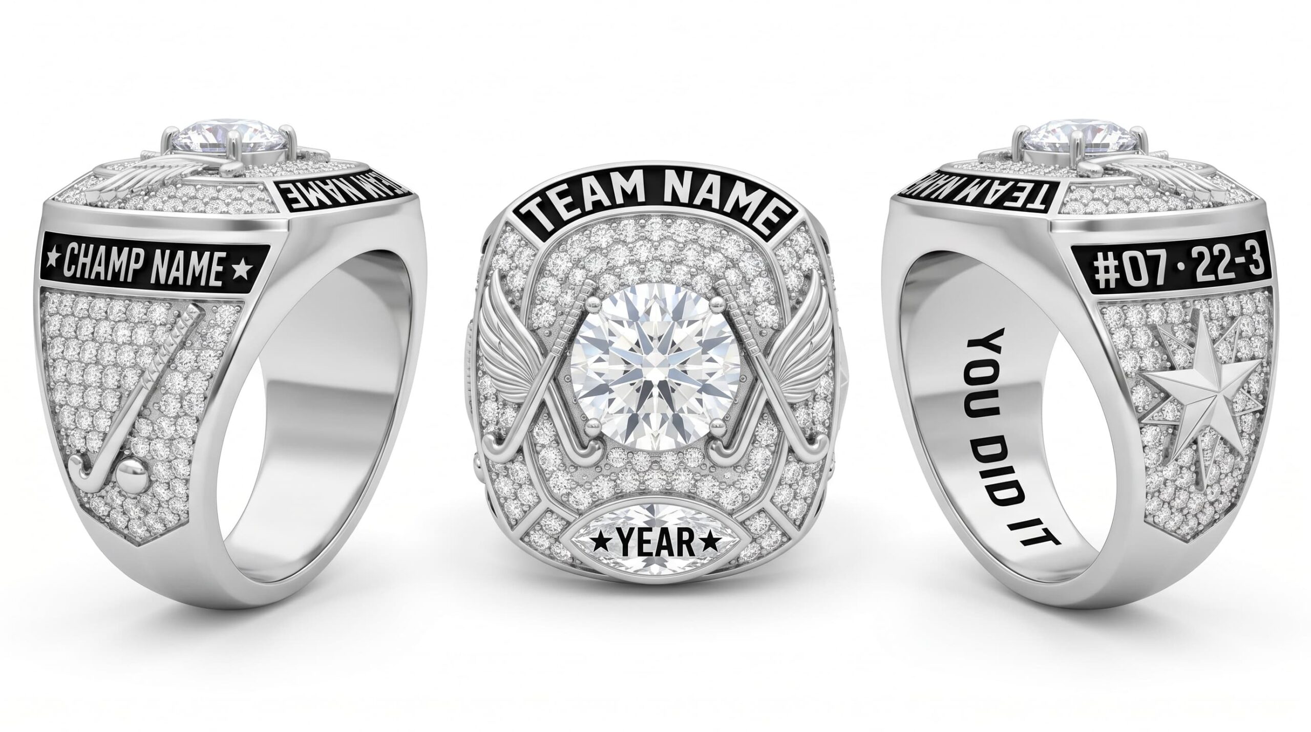 Overtime Crown luxury field hockey championship ring moissanite ice blue 150 pave crystals three-panel view — ClassRingAI